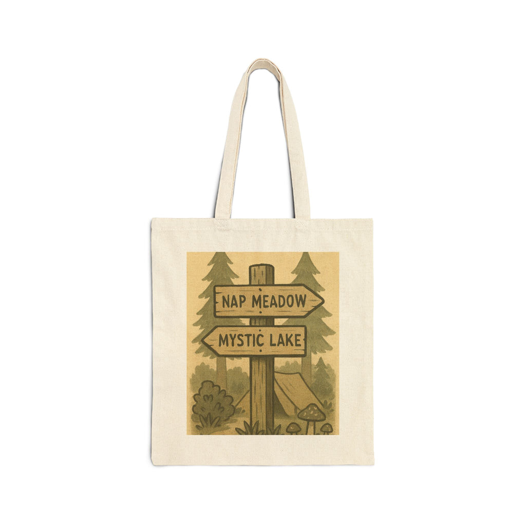 Tote Bag — Rustic ‘Nap Meadow / Mystic Lake’ Camping Sign Canvas Tote