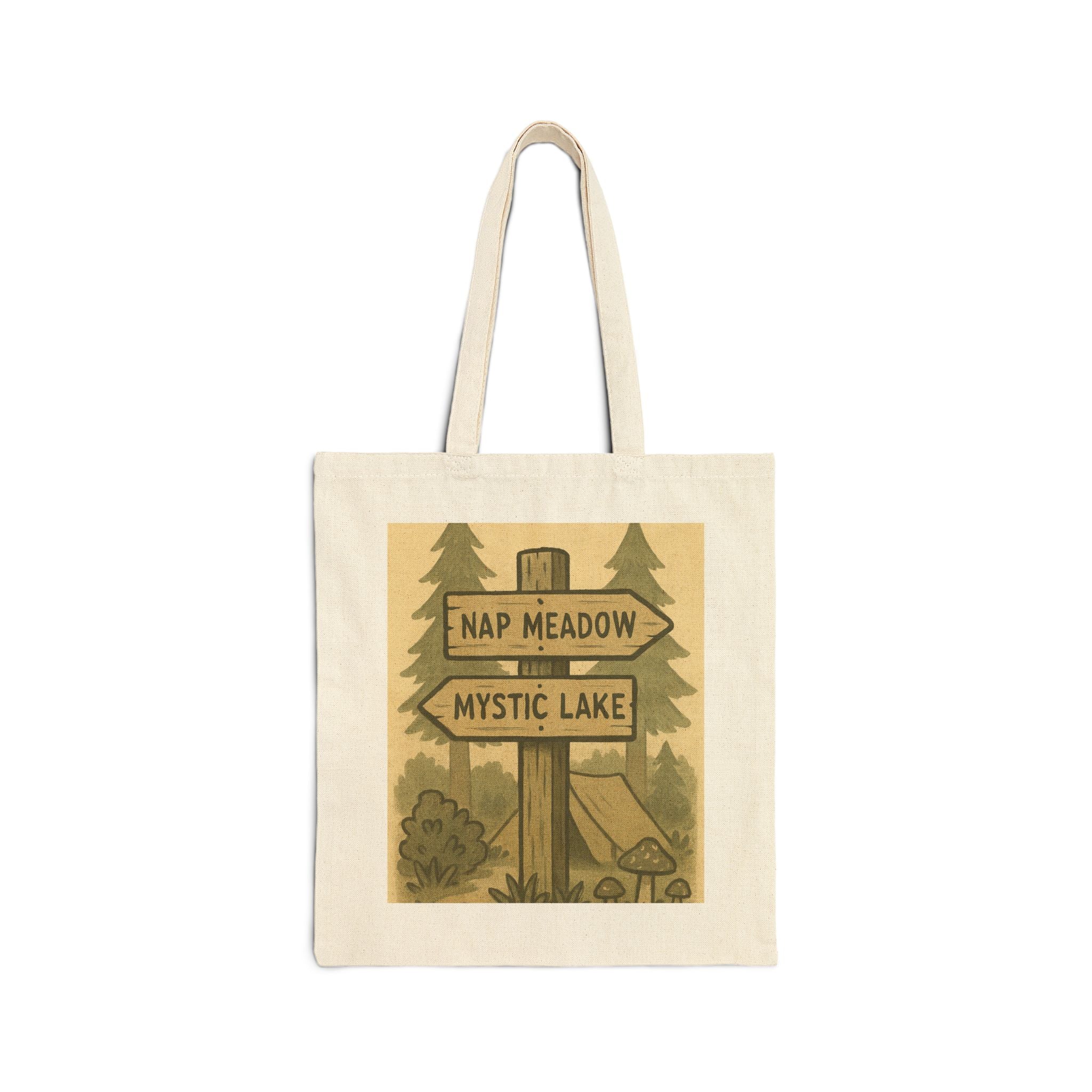 Tote Bag — Rustic ‘Nap Meadow / Mystic Lake’ Camping Sign Canvas Tote