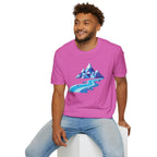 Mountain River T-Shirt — Geometric Blue Peaks & Flowing River