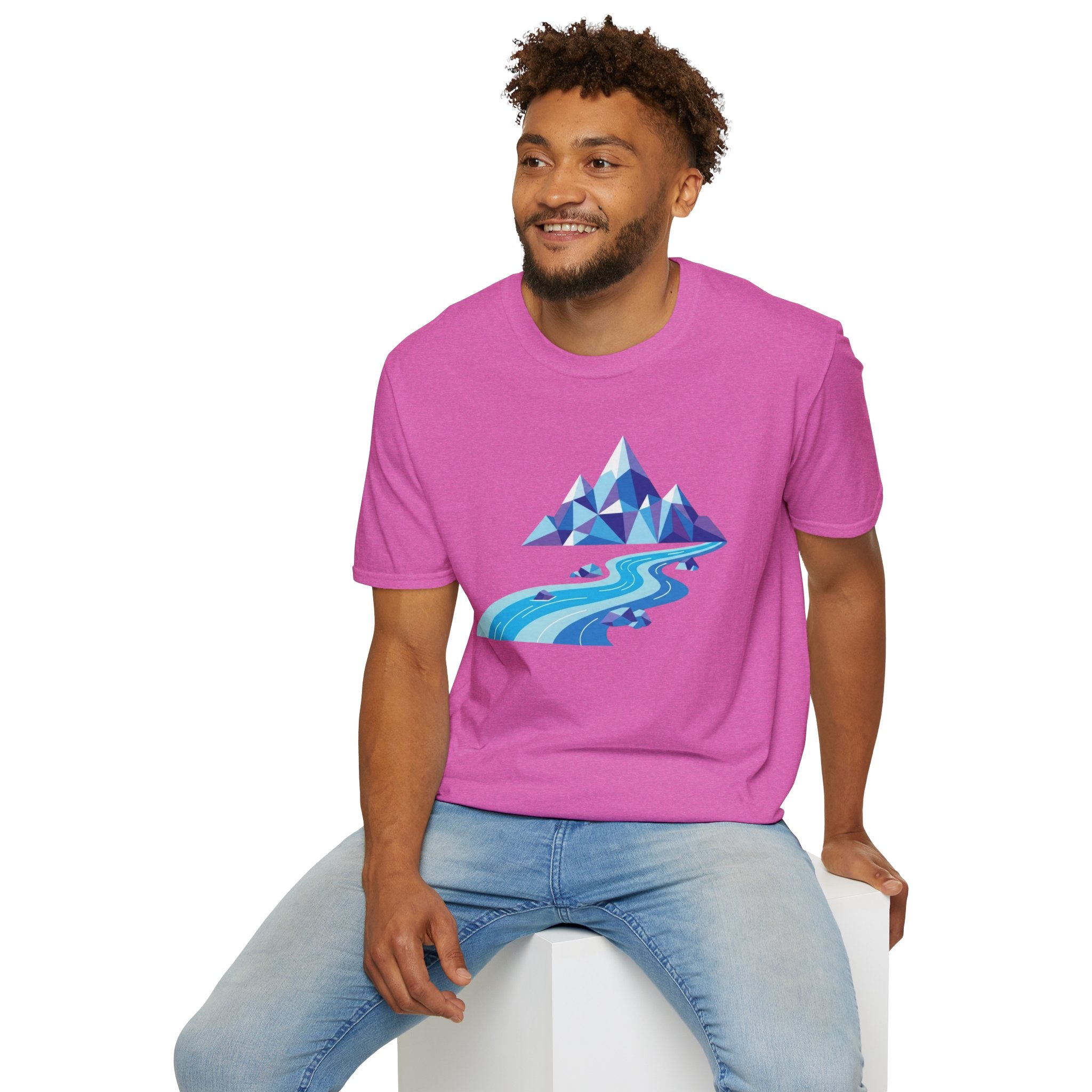Mountain River T-Shirt — Geometric Blue Peaks & Flowing River