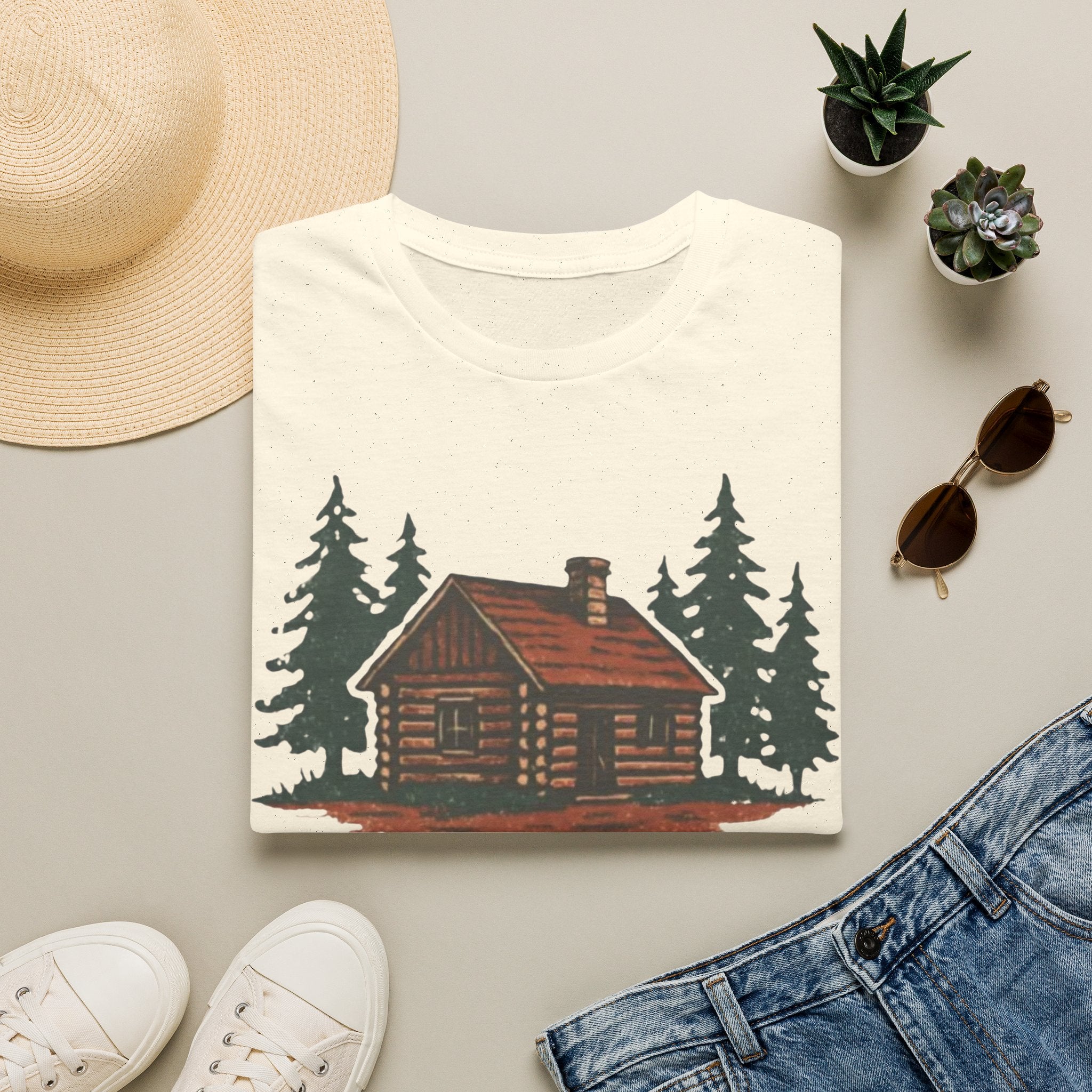 Vintage Cozy Cabin T-Shirt — Faded Pine Tree Cabin Tee