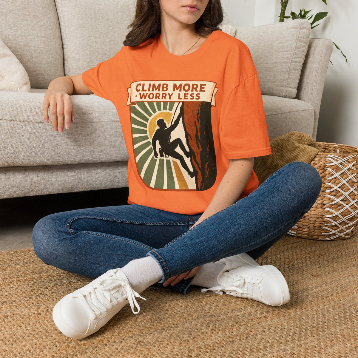 "Climb More Worry Less" Mountain Climber Silhouette with Sunburst T-Shirt