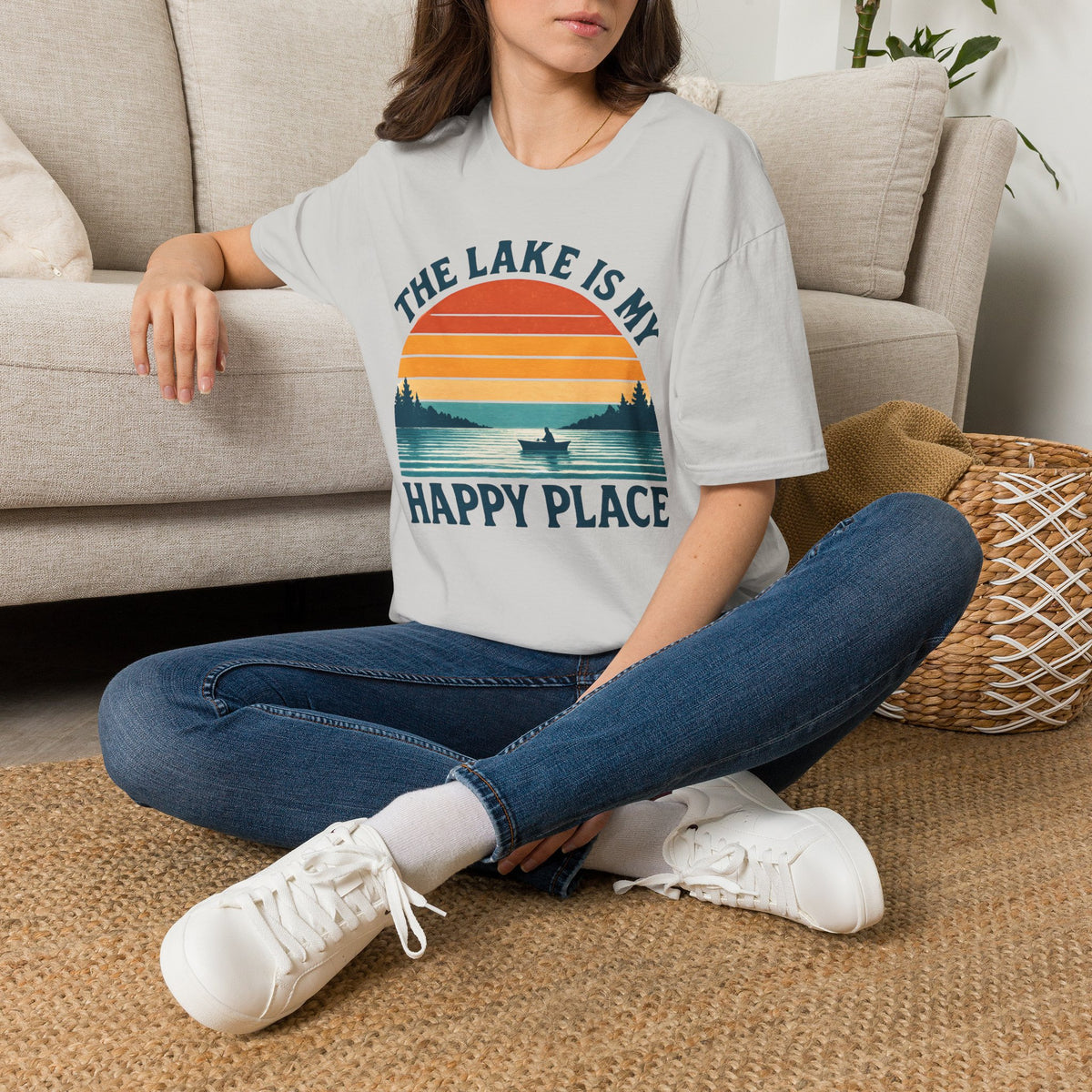 "The Lake Is My Happy Place" Canoe On The Lake At Sunset T-Shirt