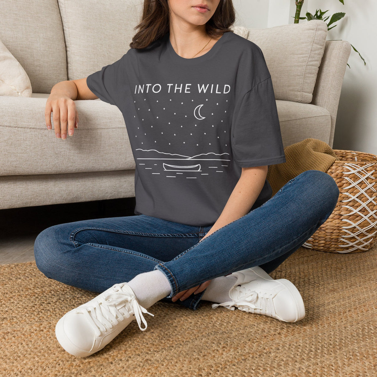 Into The Wild Canoe T-Shirt - Minimal Night Sky Lake Camping Tee