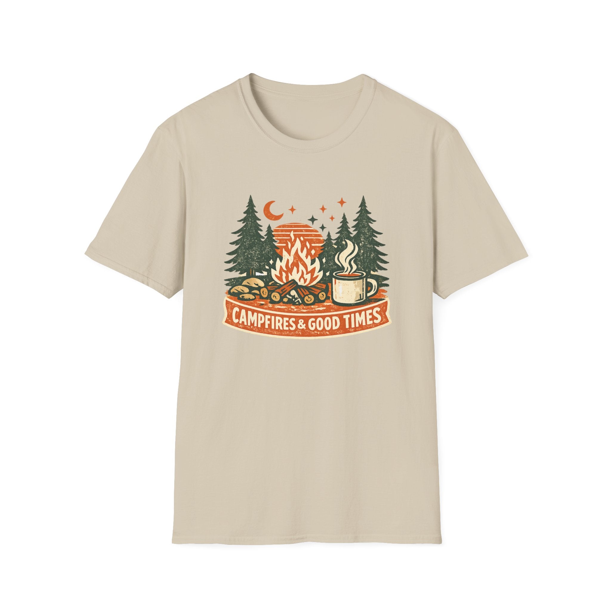 Campfires & Good Times T-Shirt — Retro Camping Tee with Bonfire, Trees & Coffee Mug