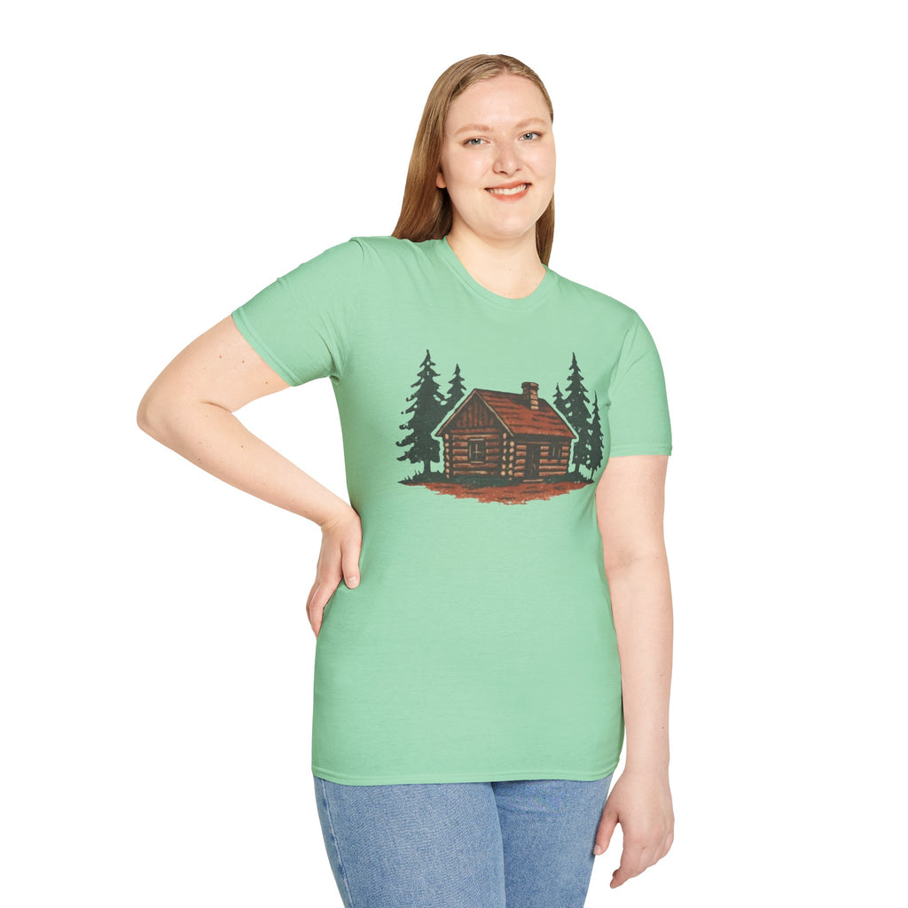 Vintage Cozy Cabin T-Shirt — Faded Pine Tree Cabin Tee