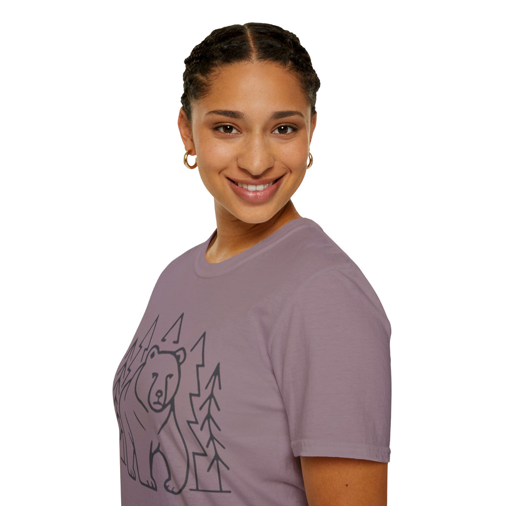 Bear & Pines T-Shirt — Minimal Line Drawing Woodland Tee