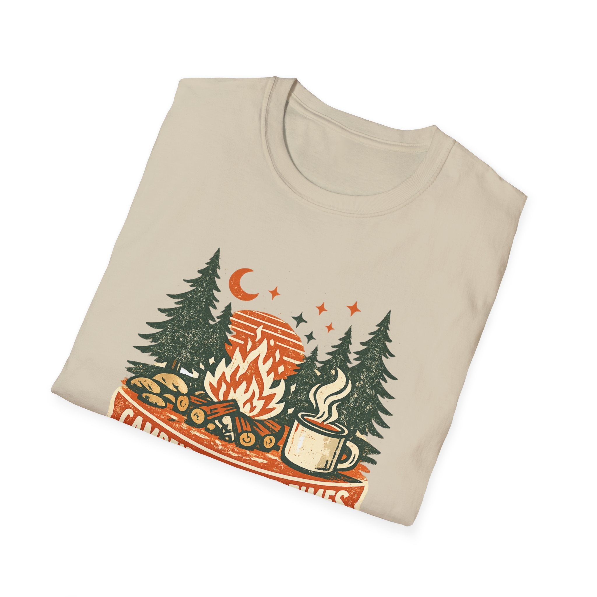 Campfires & Good Times T-Shirt — Retro Camping Tee with Bonfire, Trees & Coffee Mug