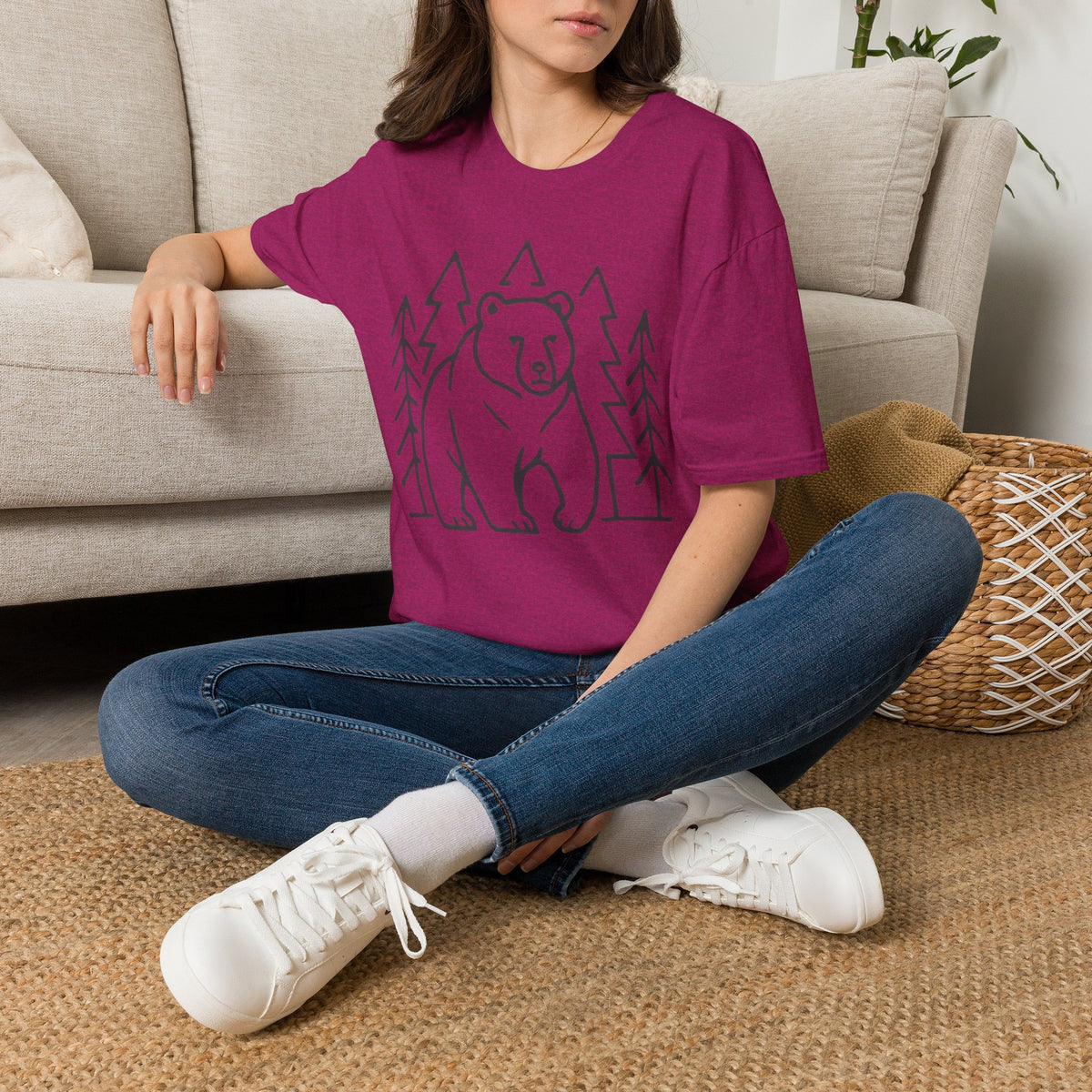 Bear & Pines Minimal Line Drawing Woodland Tee Shirt