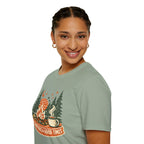 "Campfires & Good Times" T-Shirt — Retro Camping Tee with Bonfire, Trees & Coffee Mug