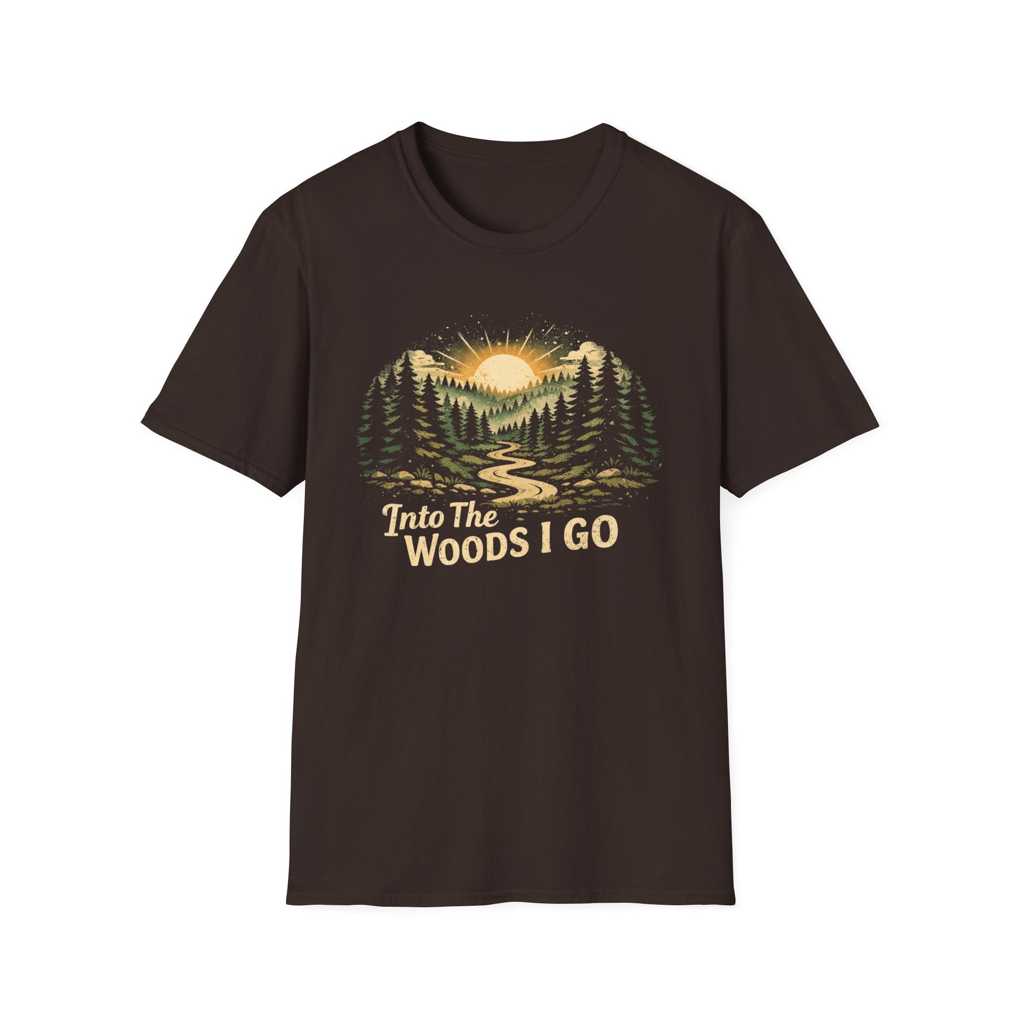 T-Shirt — "Into The Woods I Go" Vintage Forest Sunset Tee