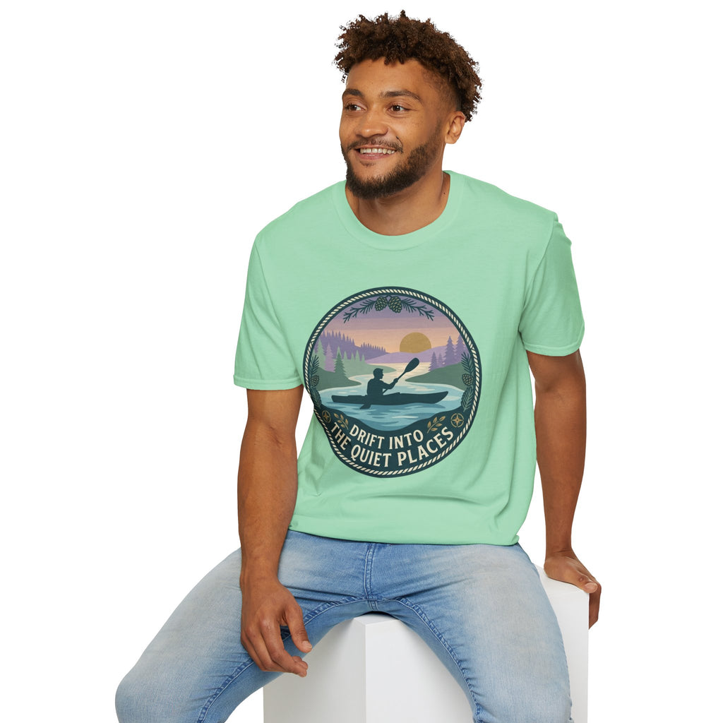 Kayak Sunset T‑Shirt — "Drift Into The Quiet Places" Outdoor Relaxation Tee