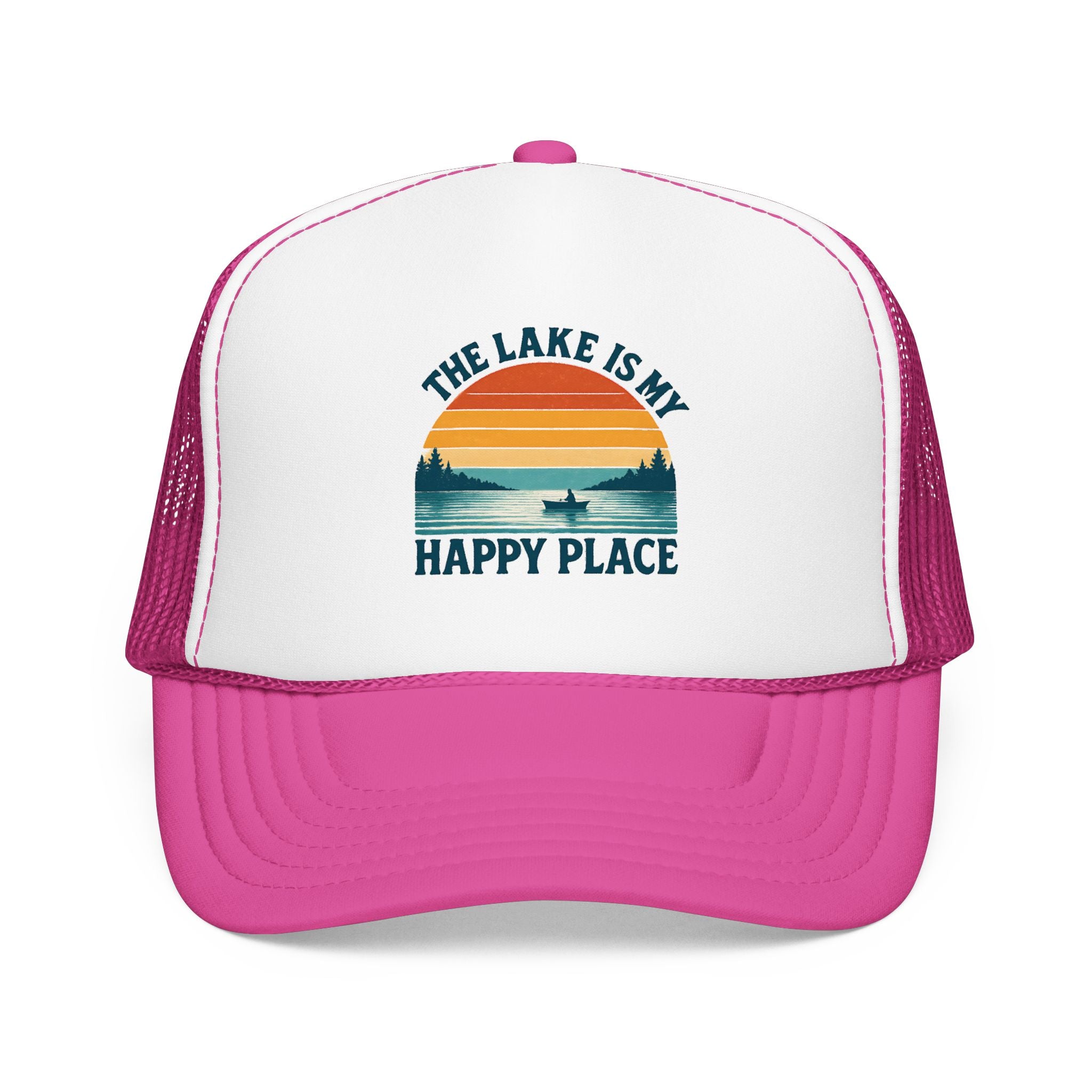 Lake Is My Happy Place Trucker Hat — Vintage Sunset Fishing Foam Cap