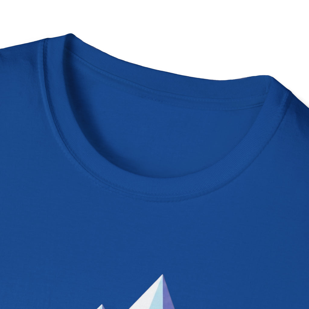 Mountain River T-Shirt — Geometric Blue Peaks & Flowing River