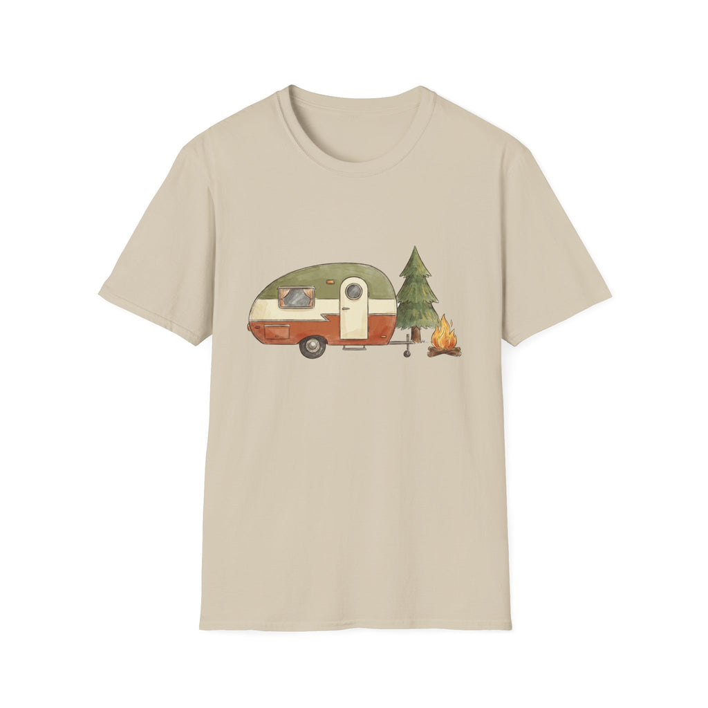 Vintage Camper & Campfire T-Shirt — Retro Trailer Camping Graphic Tee