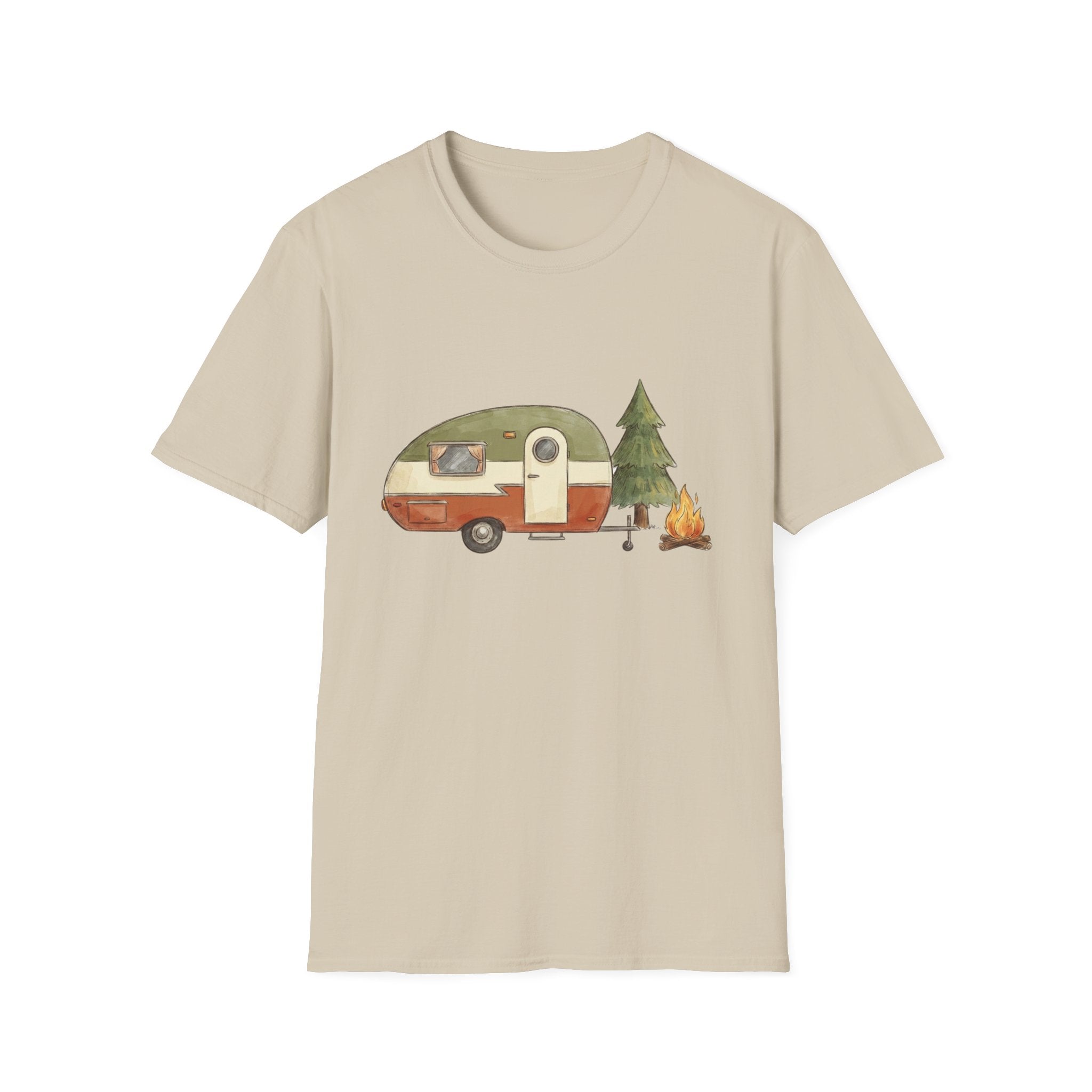 Vintage Camper & Campfire T-Shirt — Retro Trailer Camping Graphic Tee
