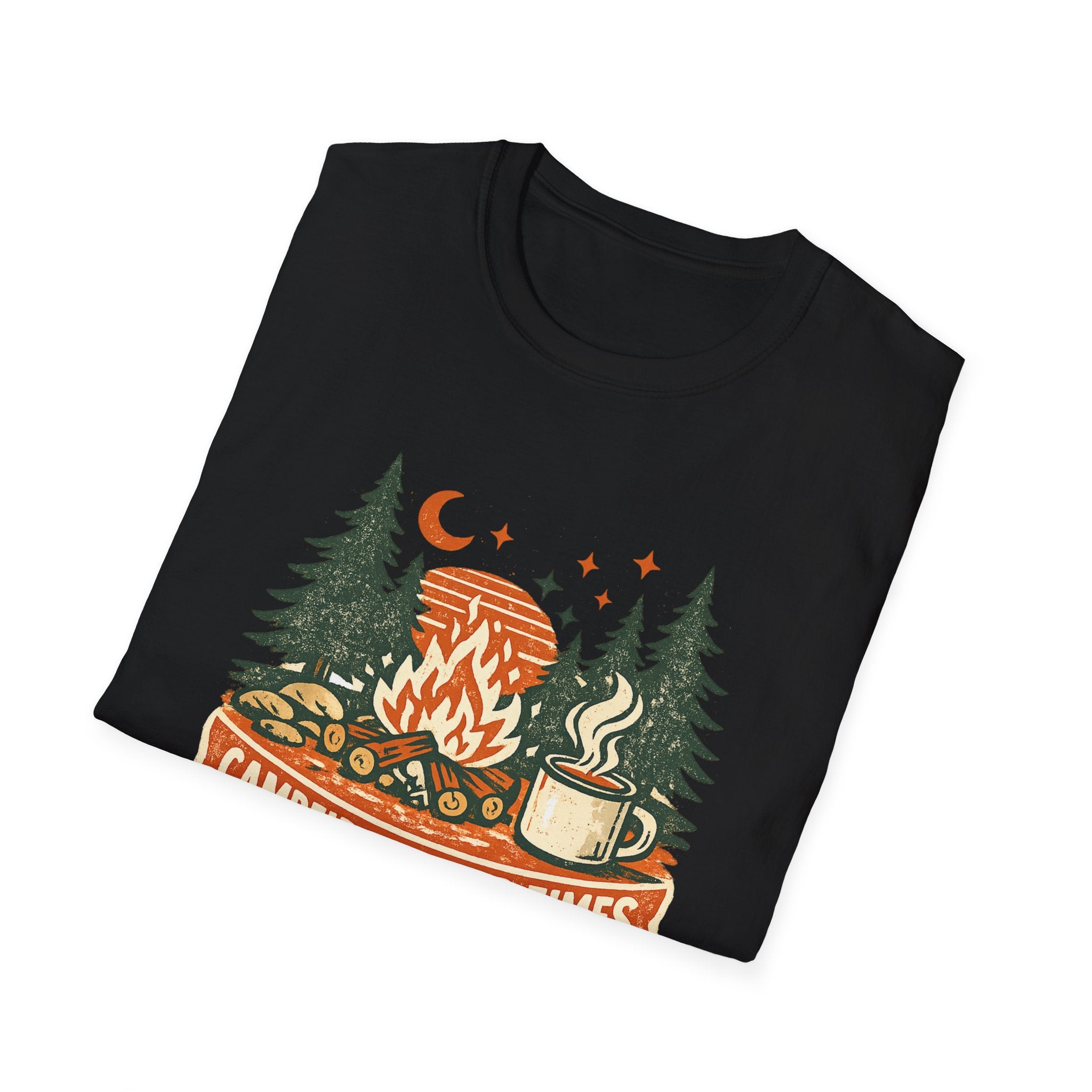 Campfires & Good Times T-Shirt — Retro Camping Tee with Bonfire, Trees & Coffee Mug