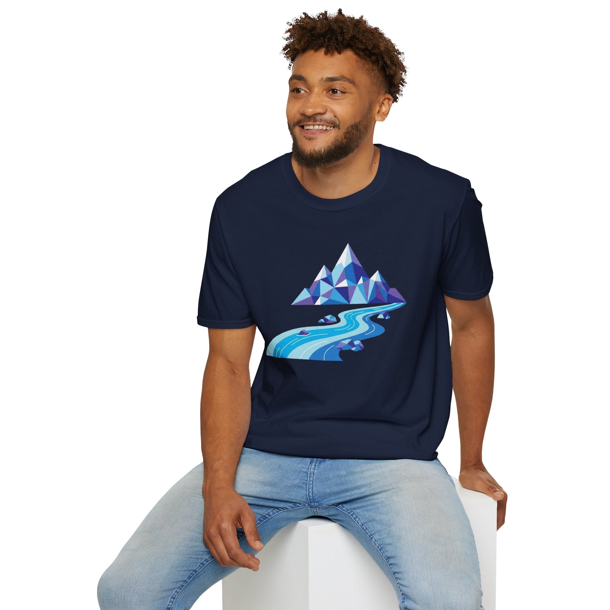 Mountain River T-Shirt — Geometric Blue Peaks & Flowing River
