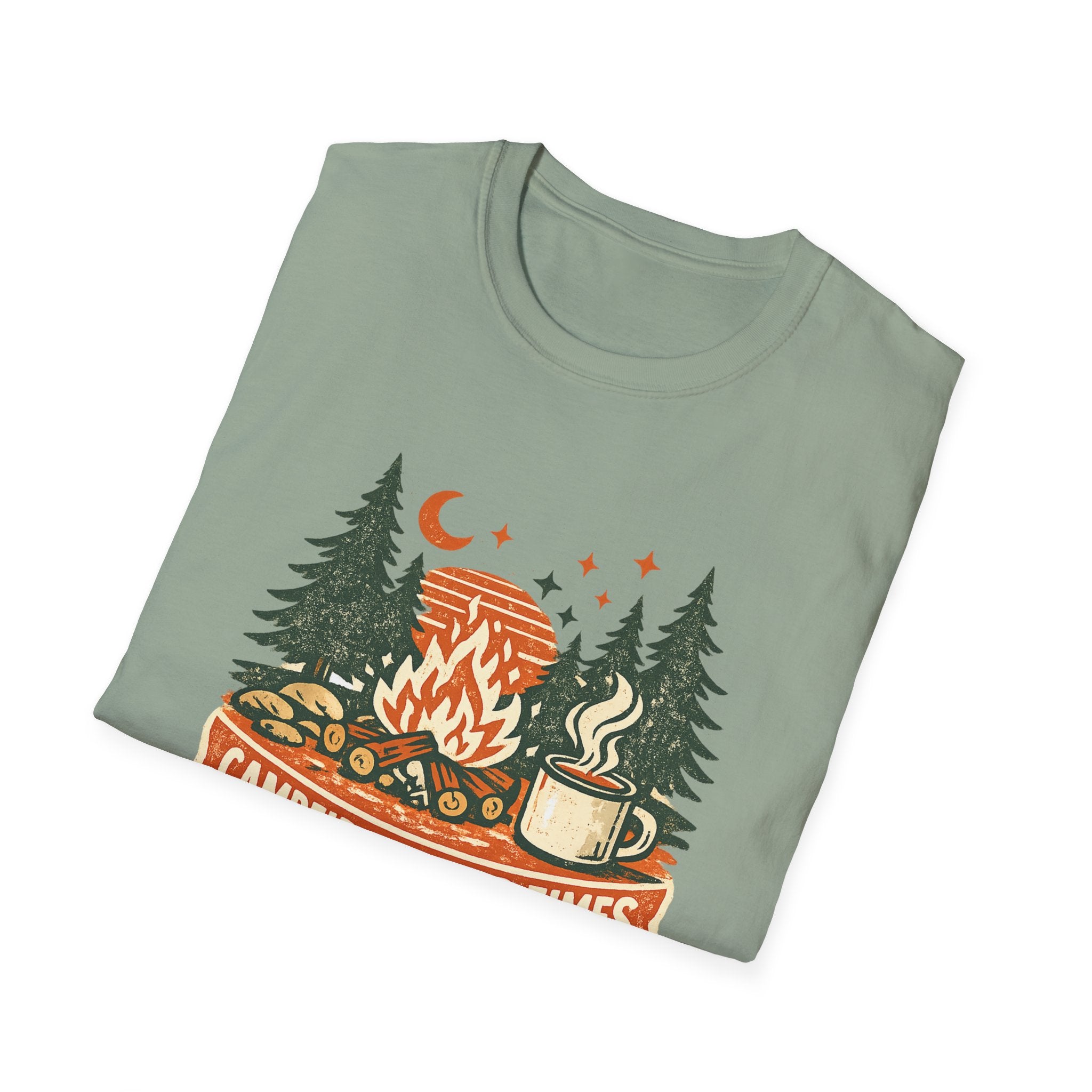 Campfires & Good Times T-Shirt — Retro Camping Tee with Bonfire, Trees & Coffee Mug