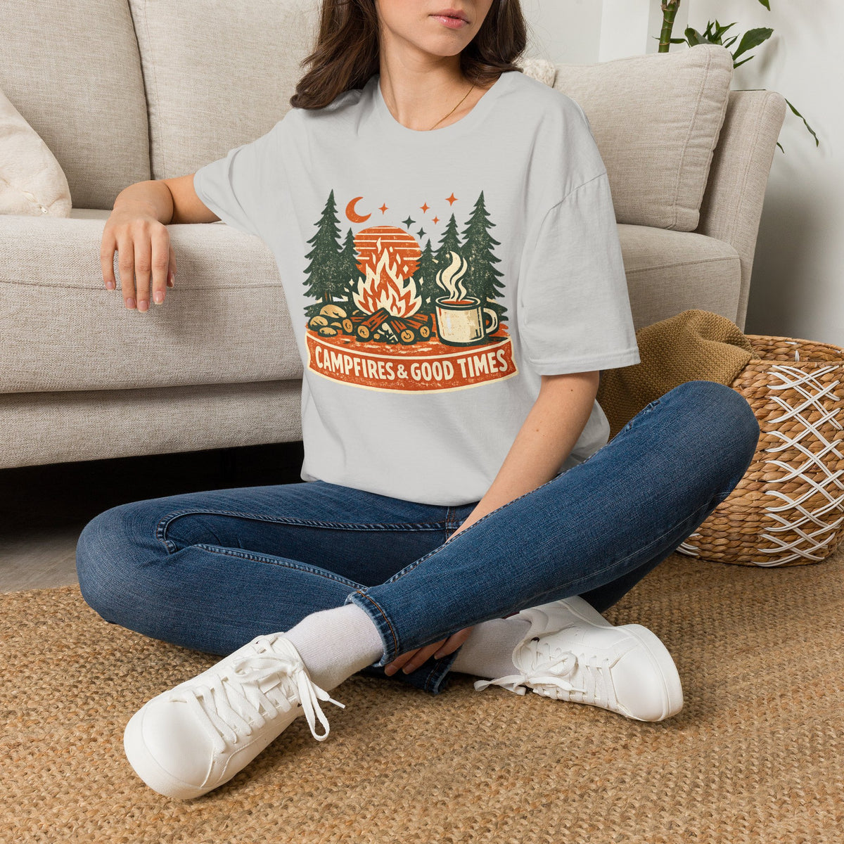 "Campfires & Good Times" T-Shirt — Retro Camping Tee with Bonfire, Trees & Coffee Mug