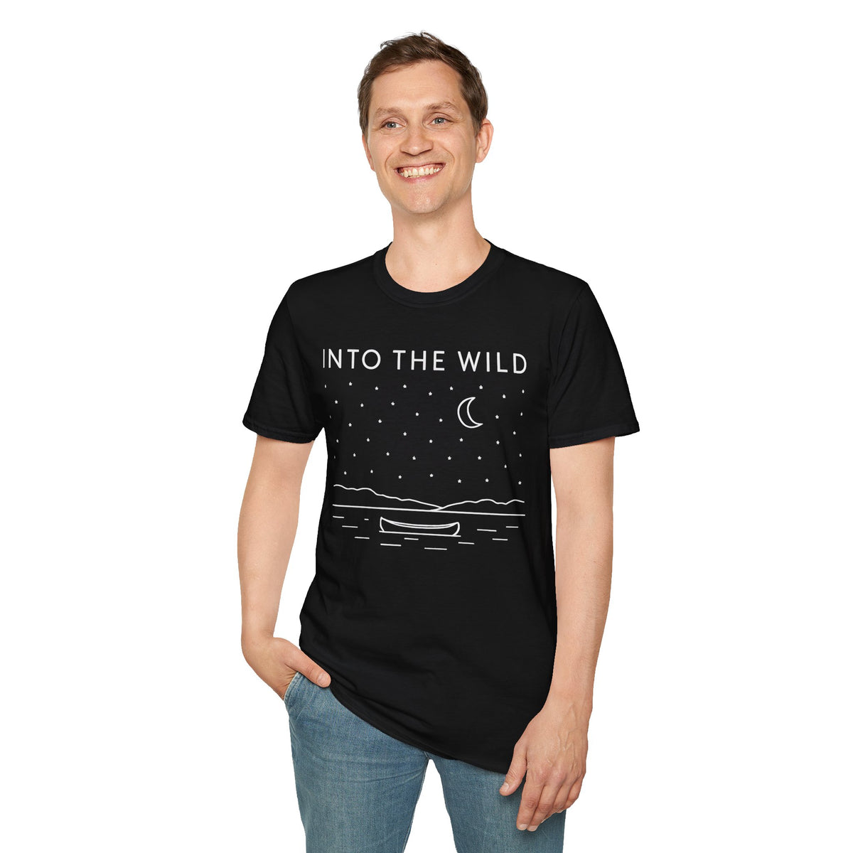 Into The Wild Canoe T-Shirt - Minimal Night Sky Lake Camping Tee