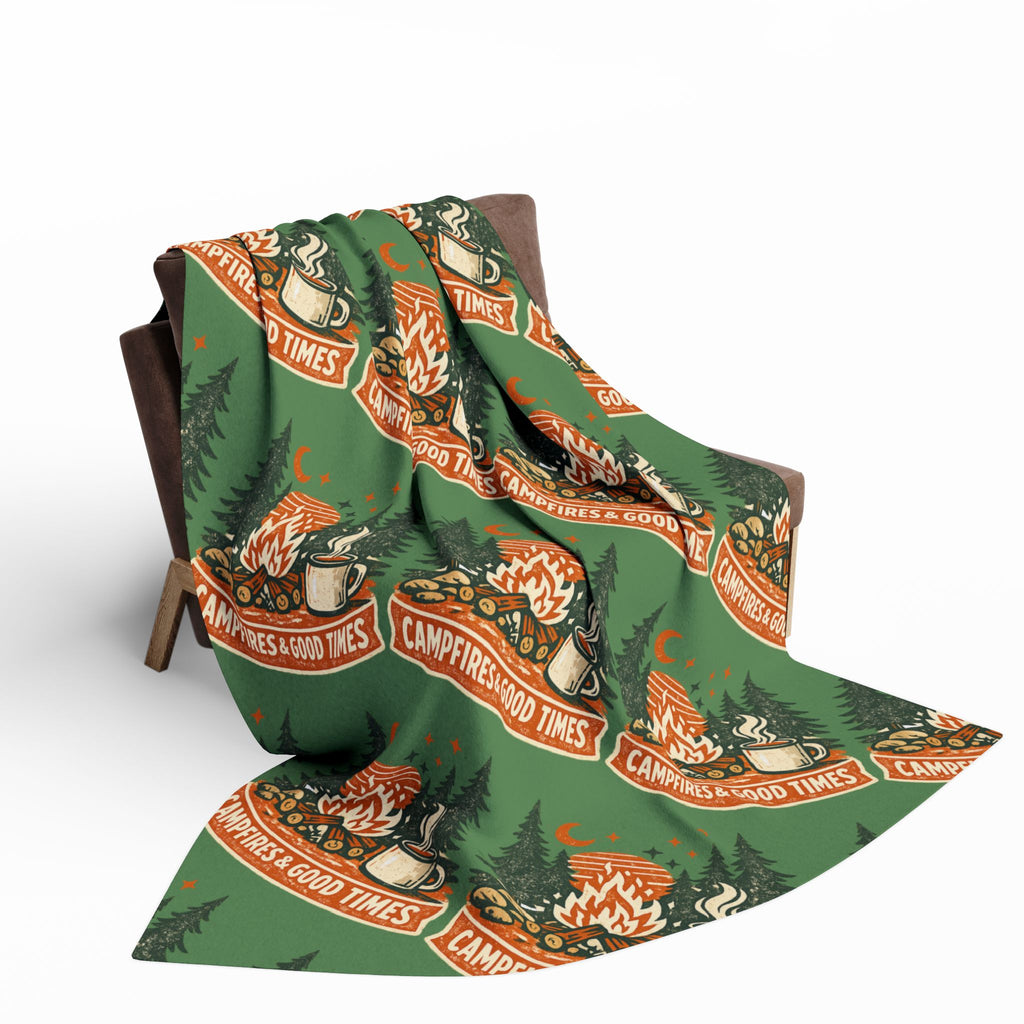 Campfire Cozy Fleece Blanket – 'Campfires & Good Times' Retro Outdoor Throw