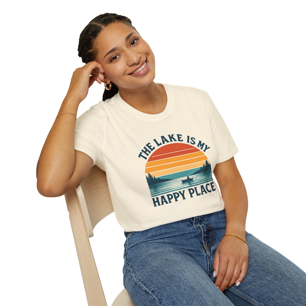 Canoe On The Lake At Sunset "The Lake Is My Happy Place" T-Shirt