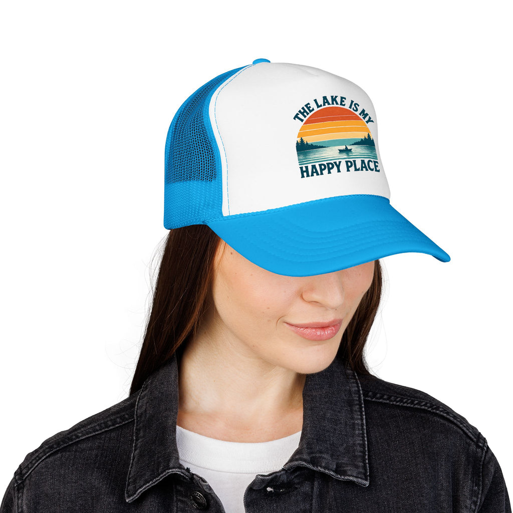 Lake Is My Happy Place Trucker Hat — Vintage Sunset Fishing Foam Cap