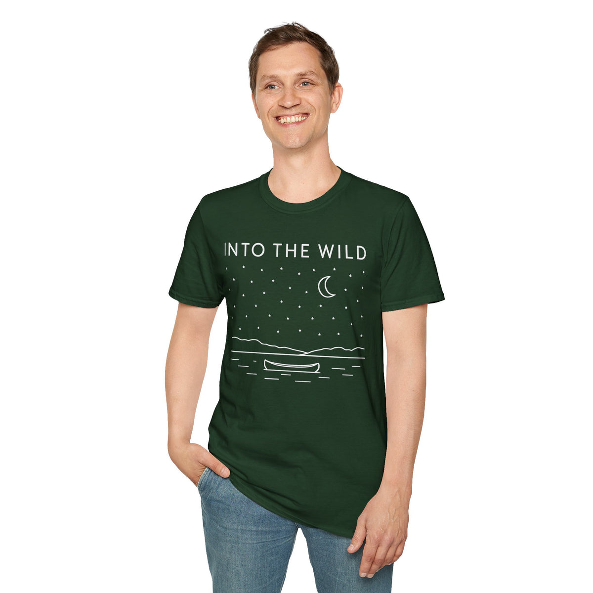 Into The Wild Canoe T-Shirt - Minimal Night Sky Lake Camping Tee