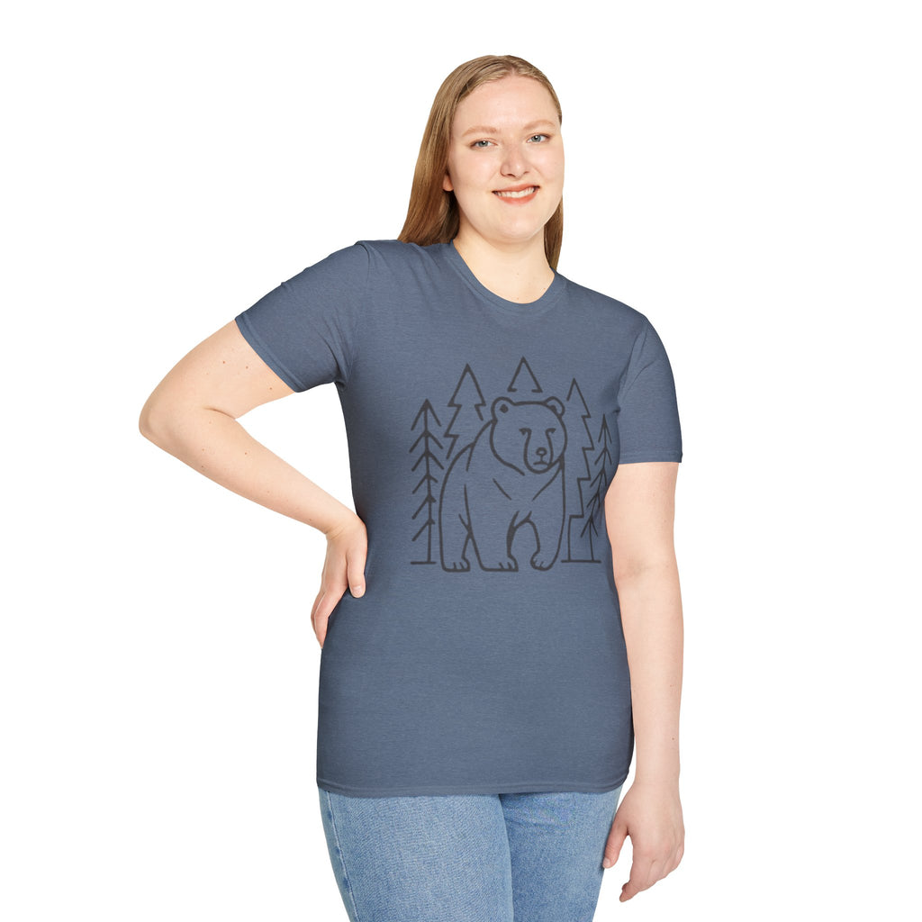 Bear & Pines T-Shirt — Minimal Line Drawing Woodland Tee