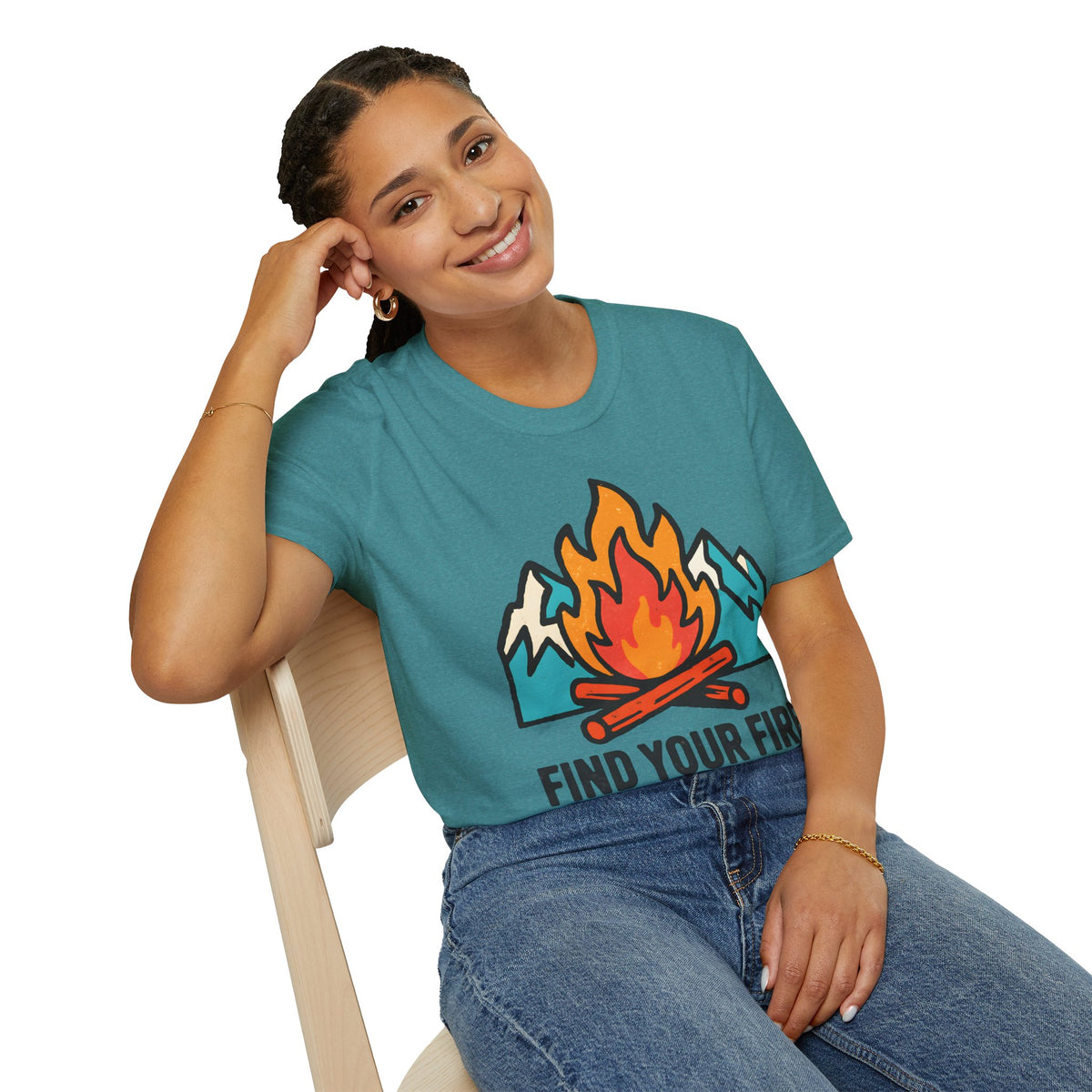 "Find Your Fire" Campfire & Snow-Capped Mountains T-Shirt