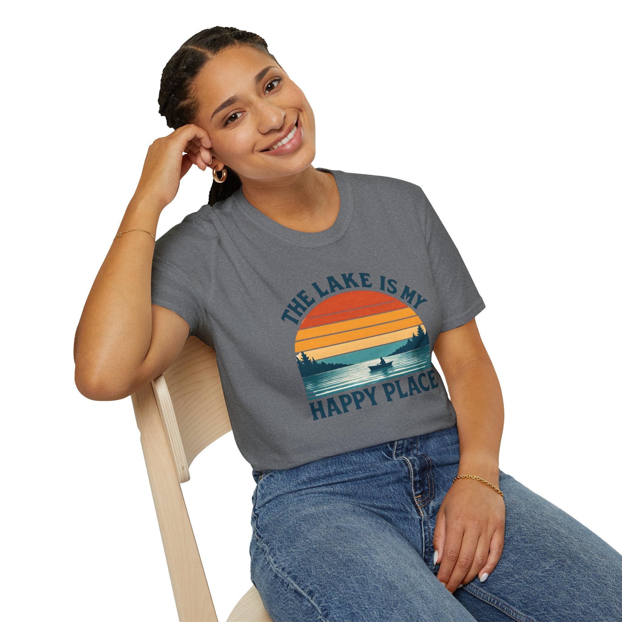 Canoe On The Lake At Sunset "The Lake Is My Happy Place" T-Shirt