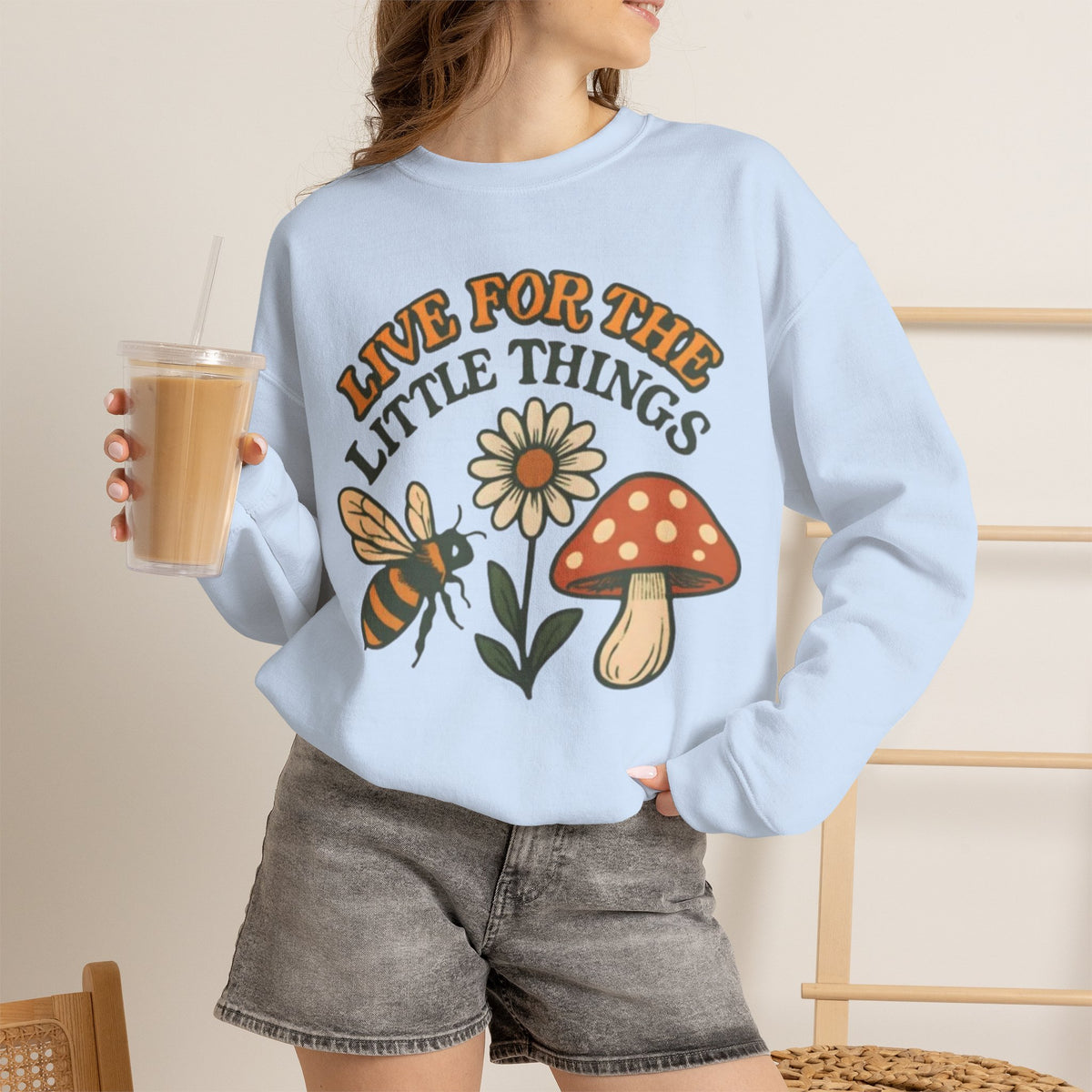 "Live For The Little Things" Bee, Daisy & Mushroom Retro Nature Design Crewneck Sweatshirt