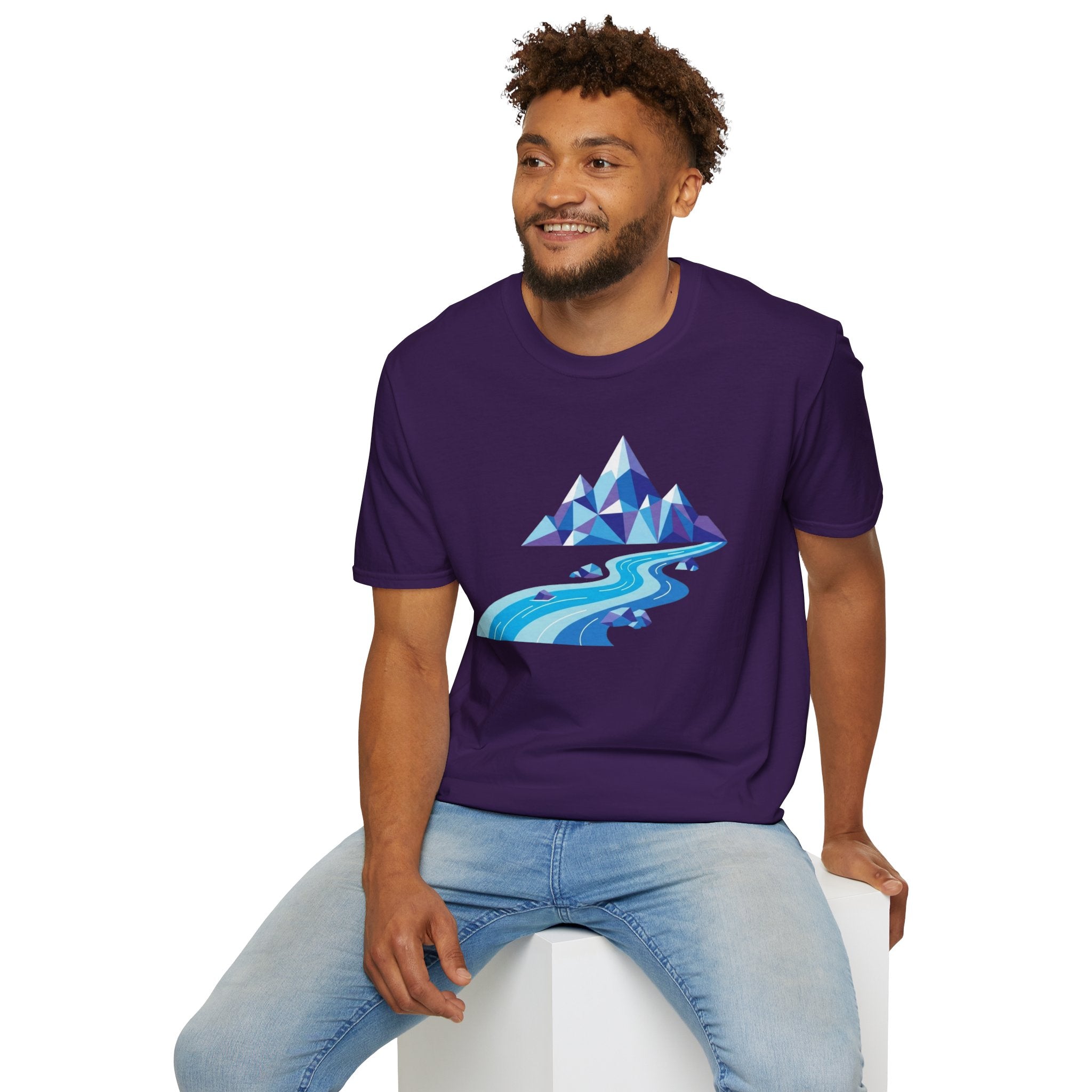 Mountain River T-Shirt — Geometric Blue Peaks & Flowing River
