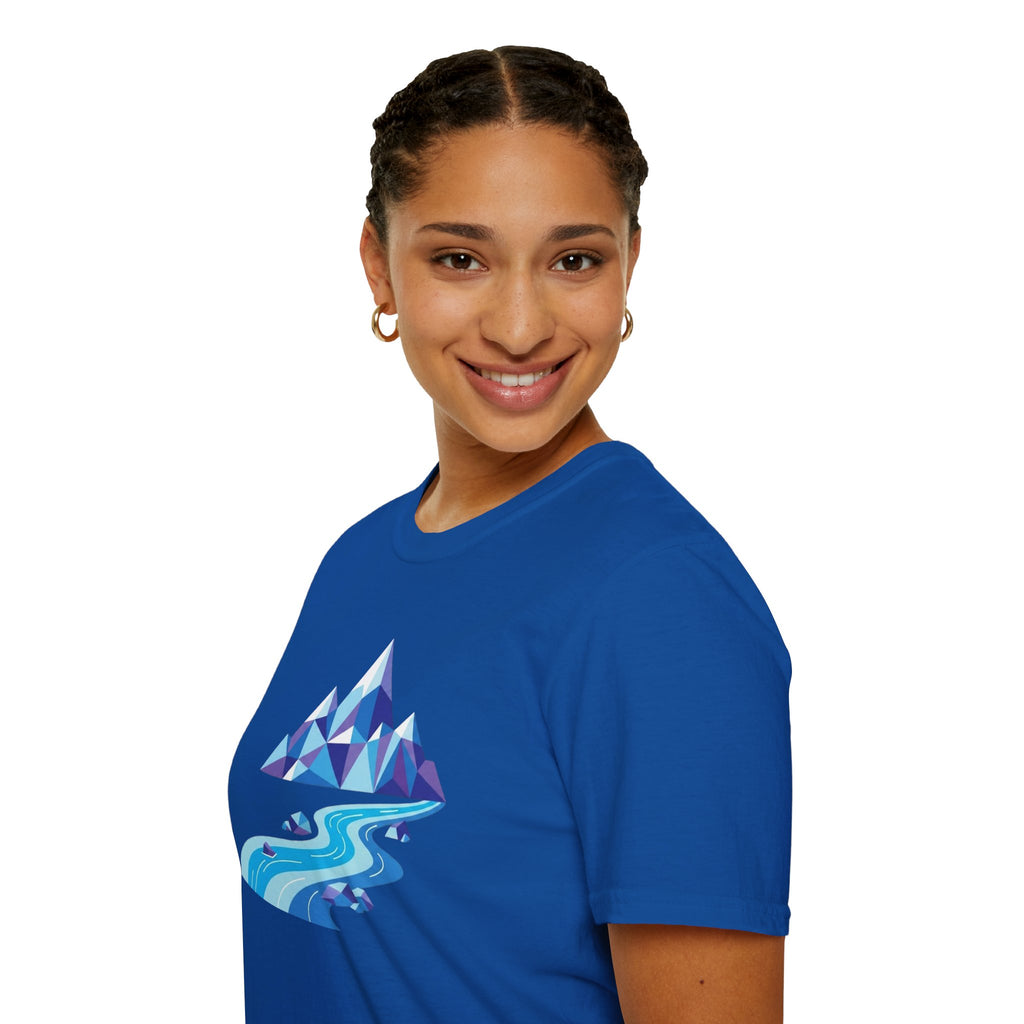Mountain River T-Shirt — Geometric Blue Peaks & Flowing River