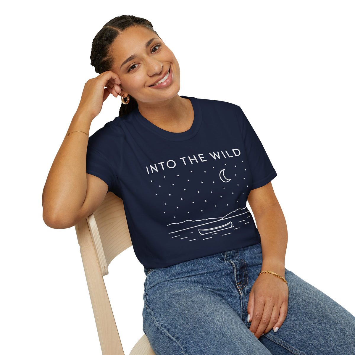 Into The Wild Canoe T-Shirt - Minimal Night Sky Lake Camping Tee