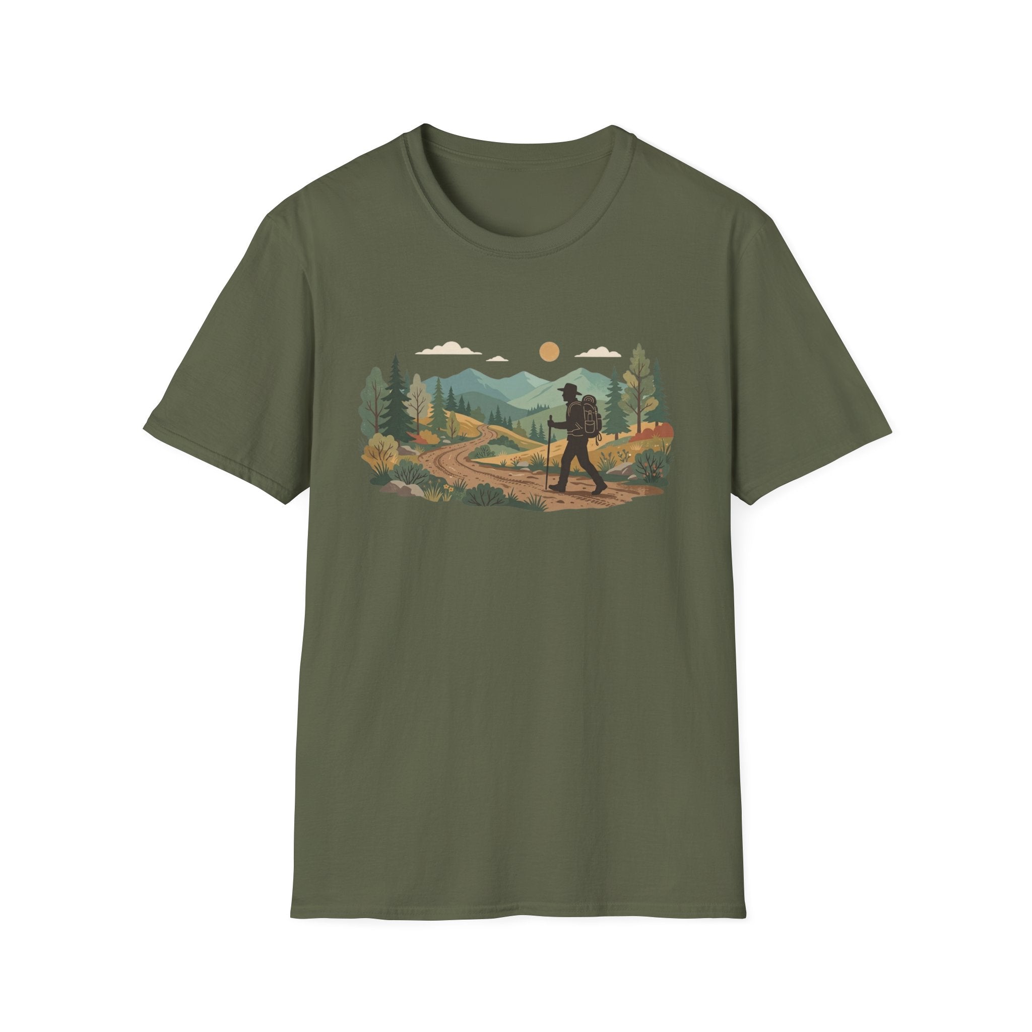 Hiker Mountain Sunset T-Shirt — Scenic Trail Adventure Tee