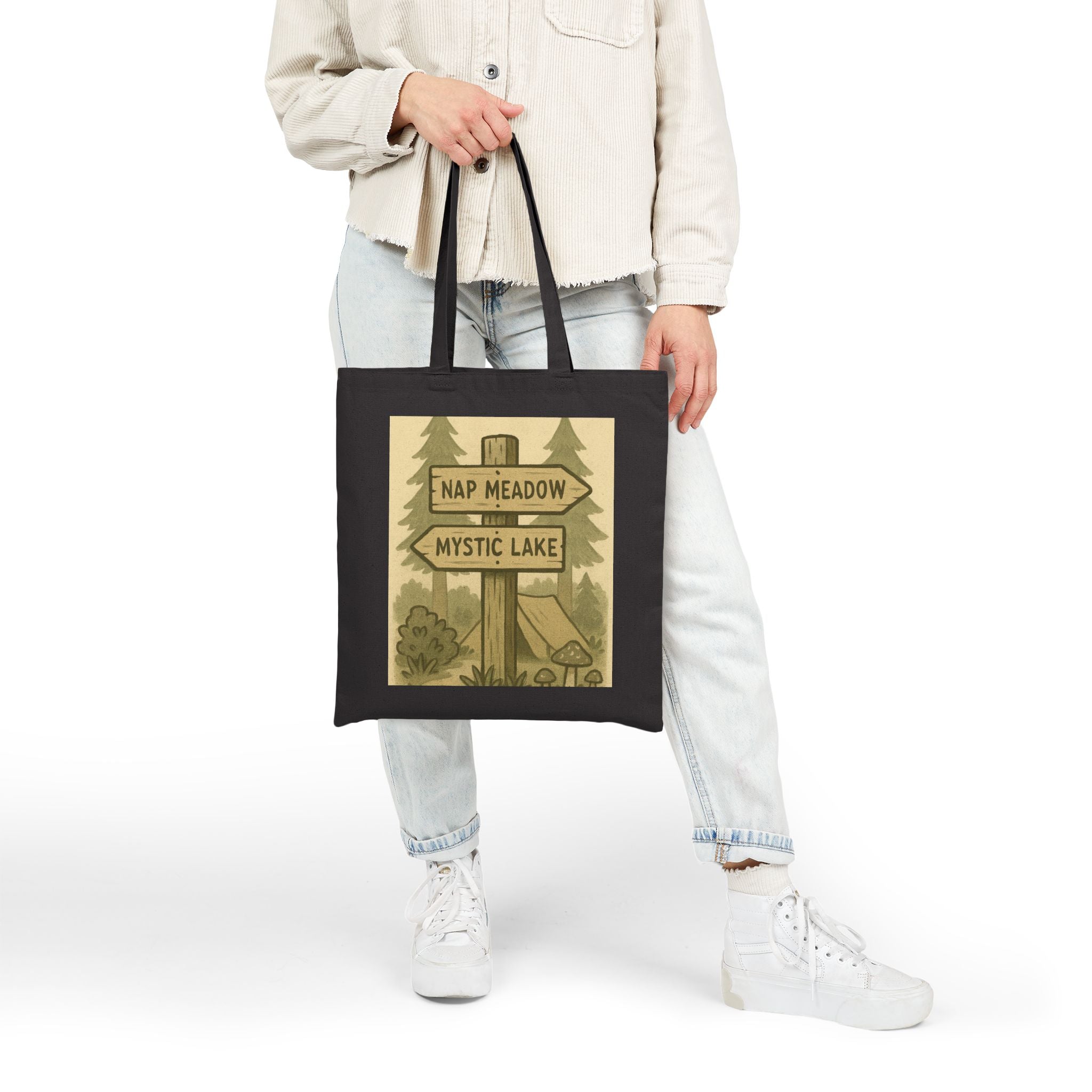 Tote Bag — Rustic ‘Nap Meadow / Mystic Lake’ Camping Sign Canvas Tote