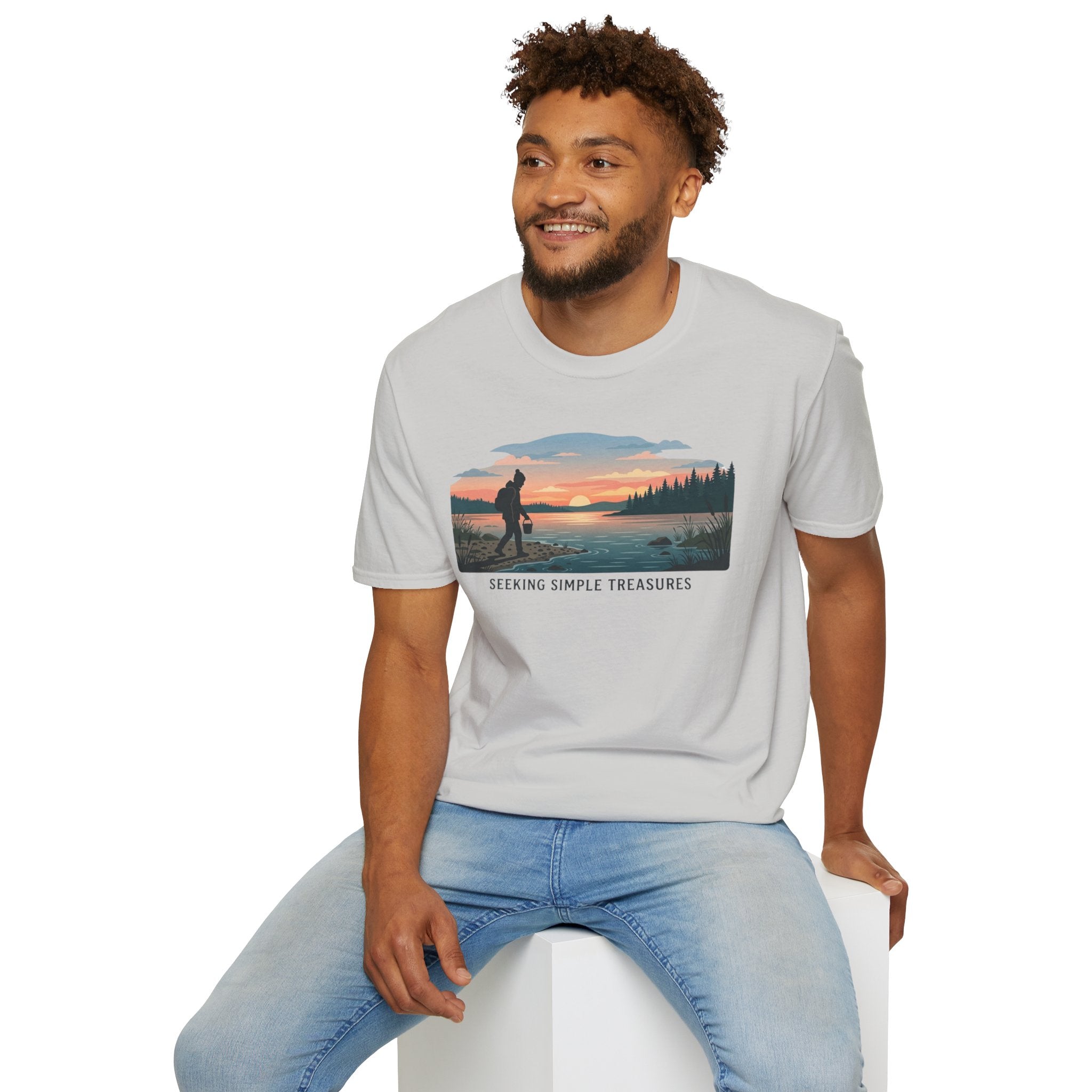Outdoor T-Shirt — "Seeking Simple Treasures" Sunset Hiker Graphic