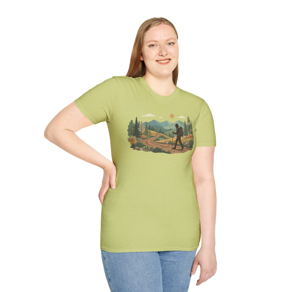 Hiker Mountain Sunset T-Shirt — Scenic Trail Adventure Tee