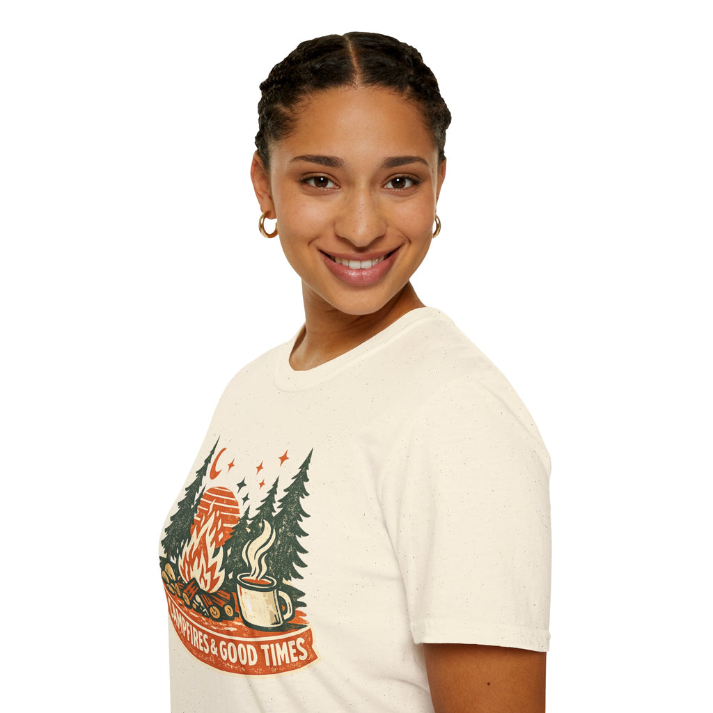"Campfires & Good Times" T-Shirt — Retro Camping Tee with Bonfire, Trees & Coffee Mug