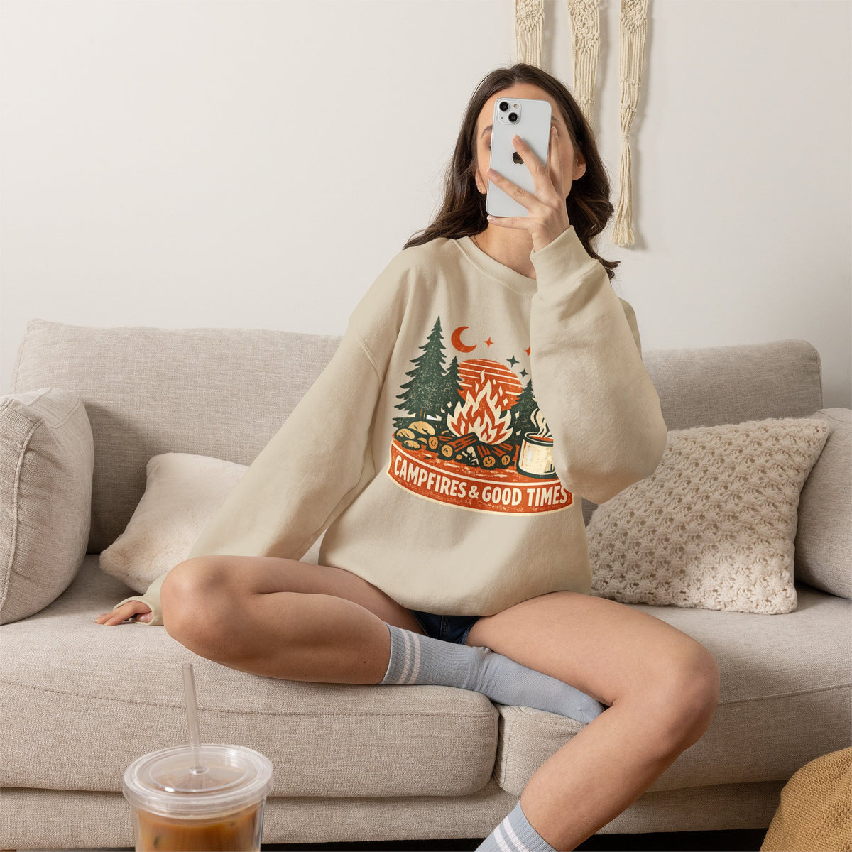 "Campfires & Good Times" Crewneck Sweatshirt — Cozy Camping Graphic Pullover Sweatshirt