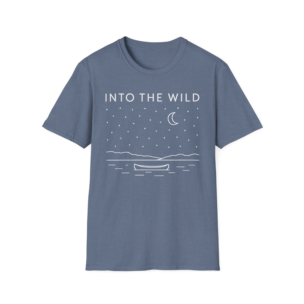 Into The Wild Canoe T-Shirt - Minimal Night Sky Lake Camping Tee