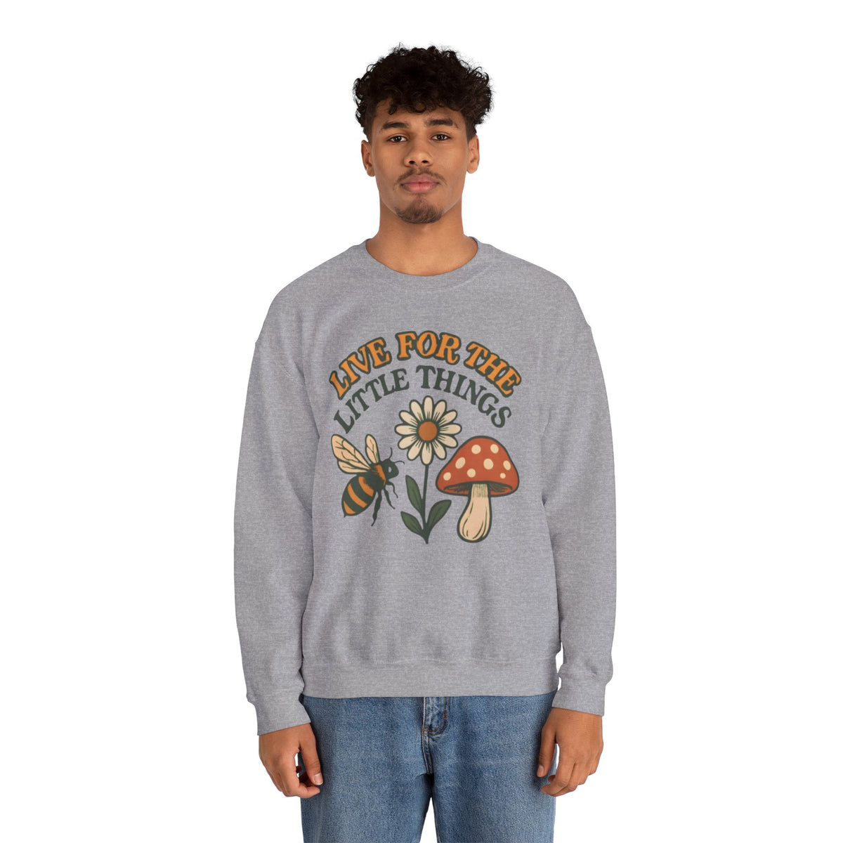 "Live For The Little Things" Bee, Daisy & Mushroom Retro Nature Design Crewneck Sweatshirt