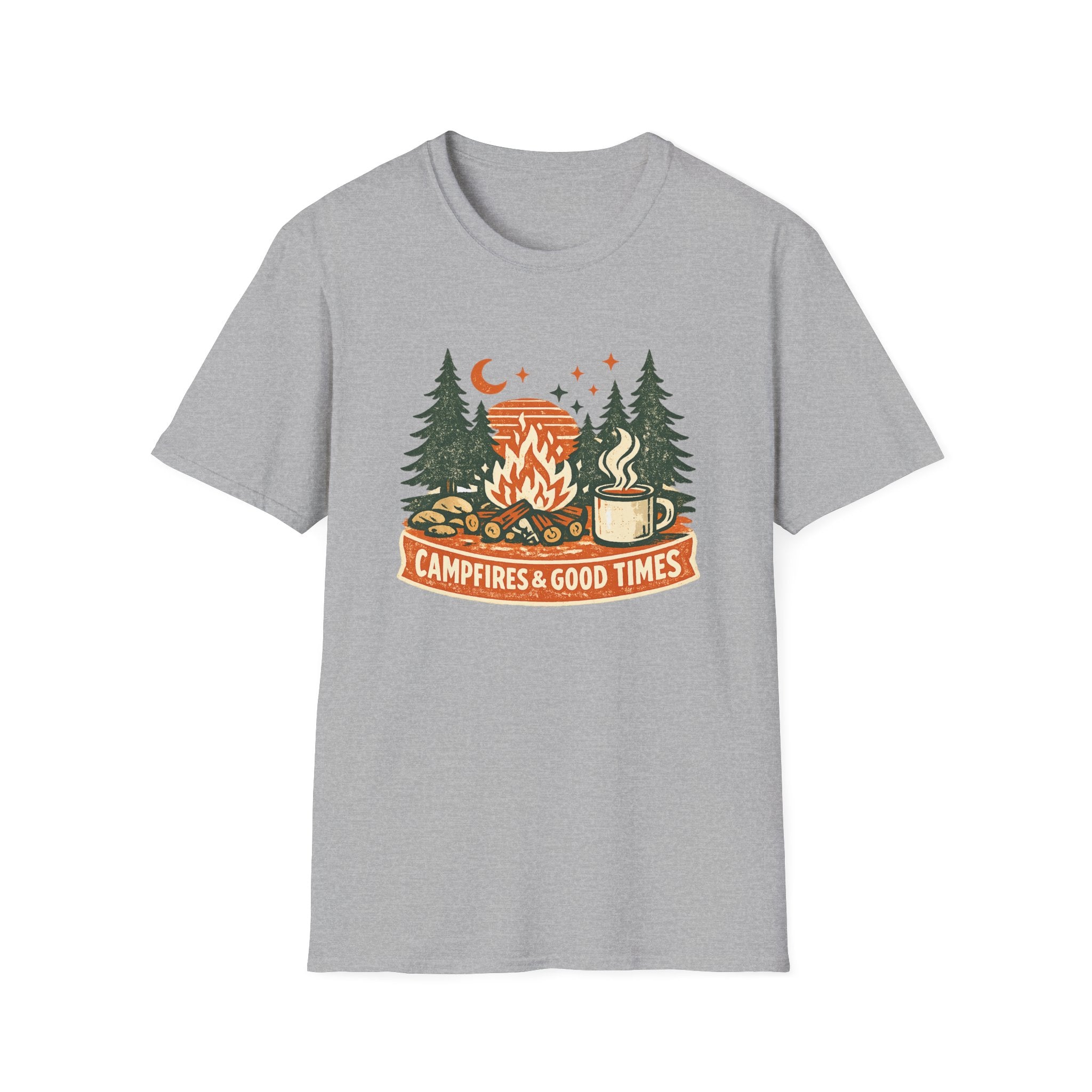 Campfires & Good Times T-Shirt — Retro Camping Tee with Bonfire, Trees & Coffee Mug