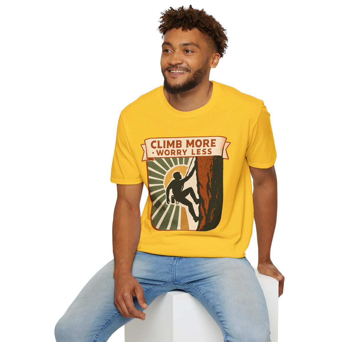 "Climb More Worry Less" Mountain Climber Silhouette with Sunburst T-Shirt