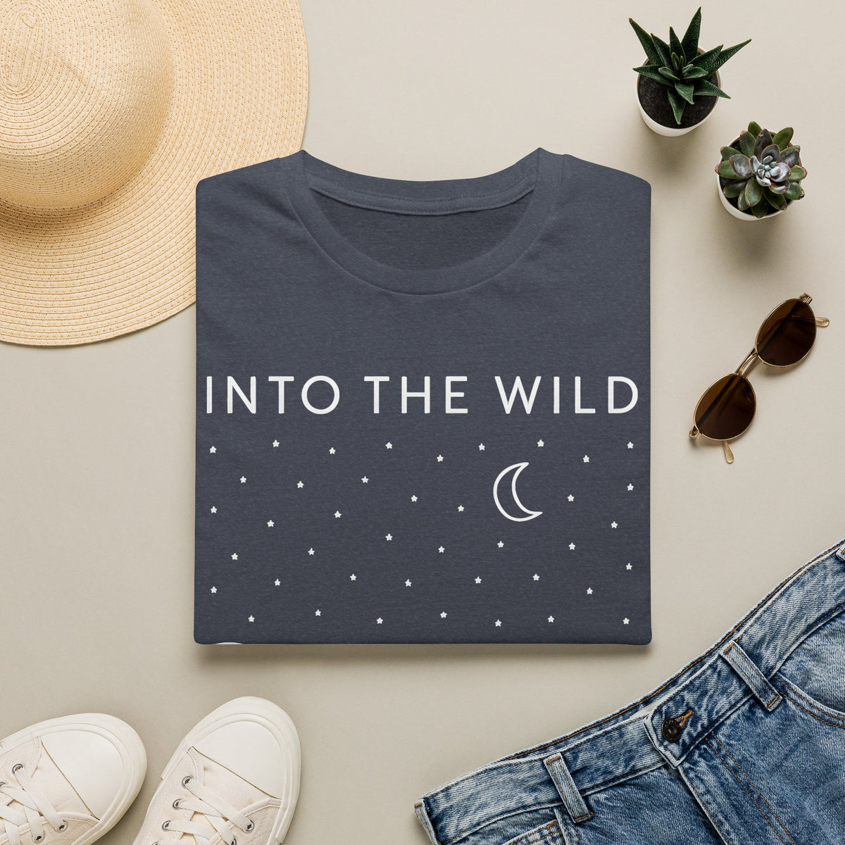 Into The Wild Canoe T-Shirt - Minimal Night Sky Lake Camping Tee