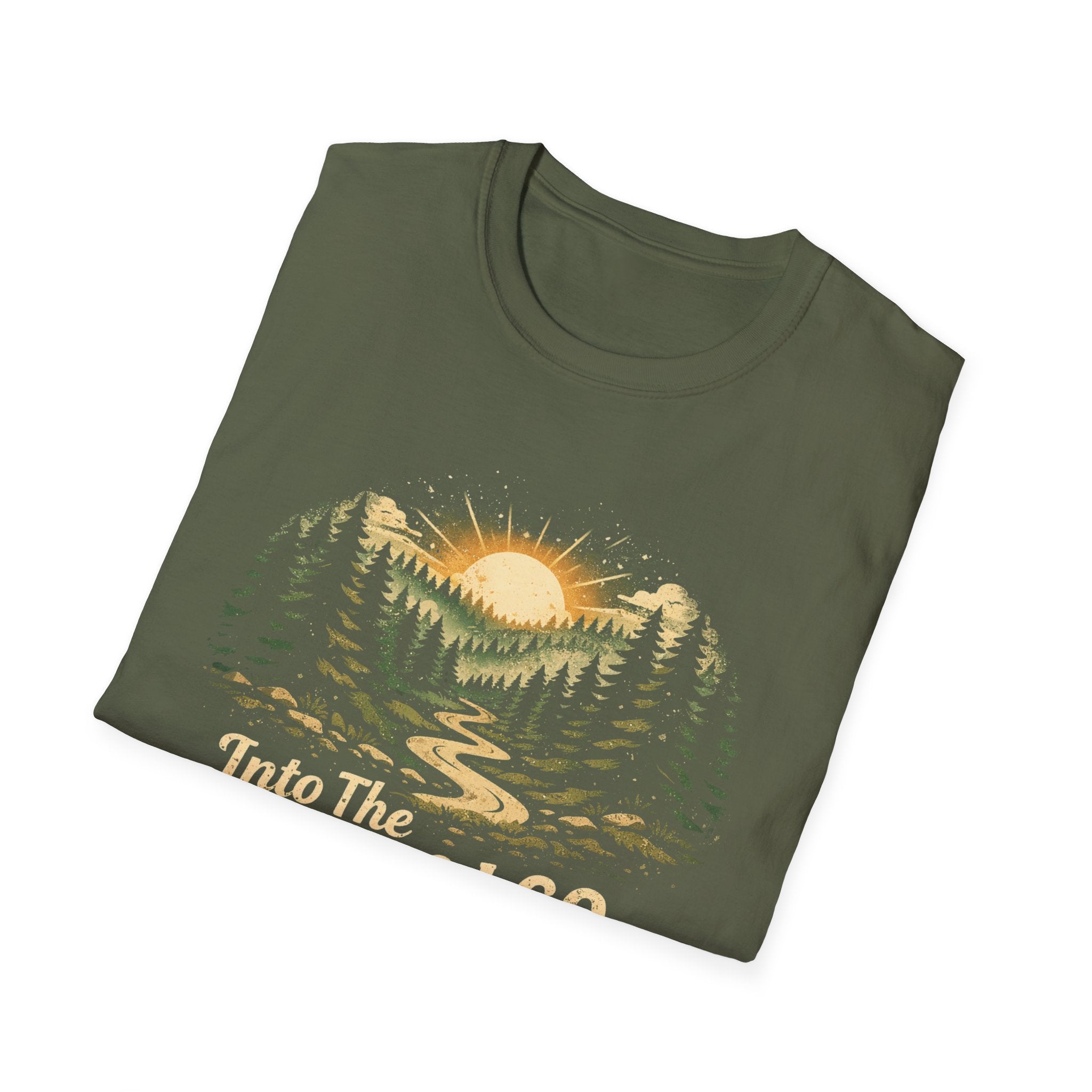 T-Shirt — "Into The Woods I Go" Vintage Forest Sunset Tee