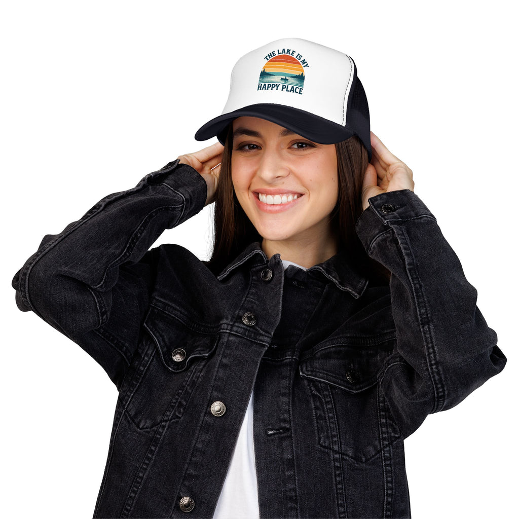 Lake Is My Happy Place Trucker Hat — Vintage Sunset Fishing Foam Cap