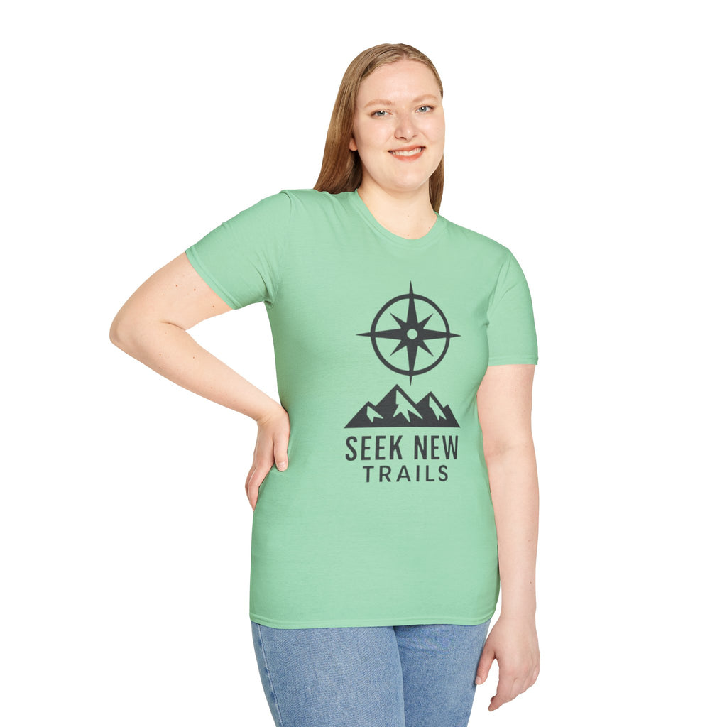 "Seek New Trails" Compass Over Mountains T-Shirt
